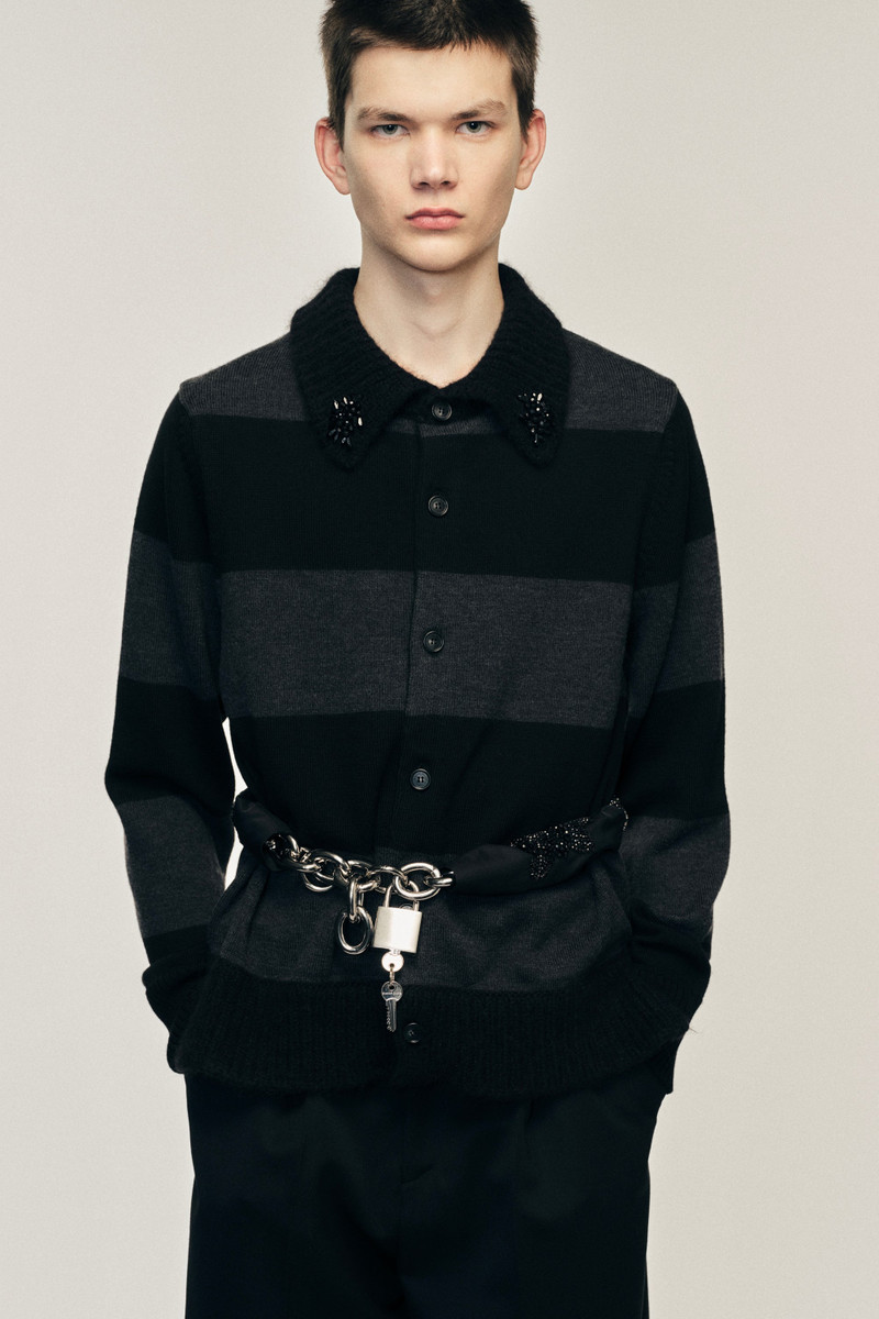 Embellished Fuzzy Collar Rugby Cardigan 1