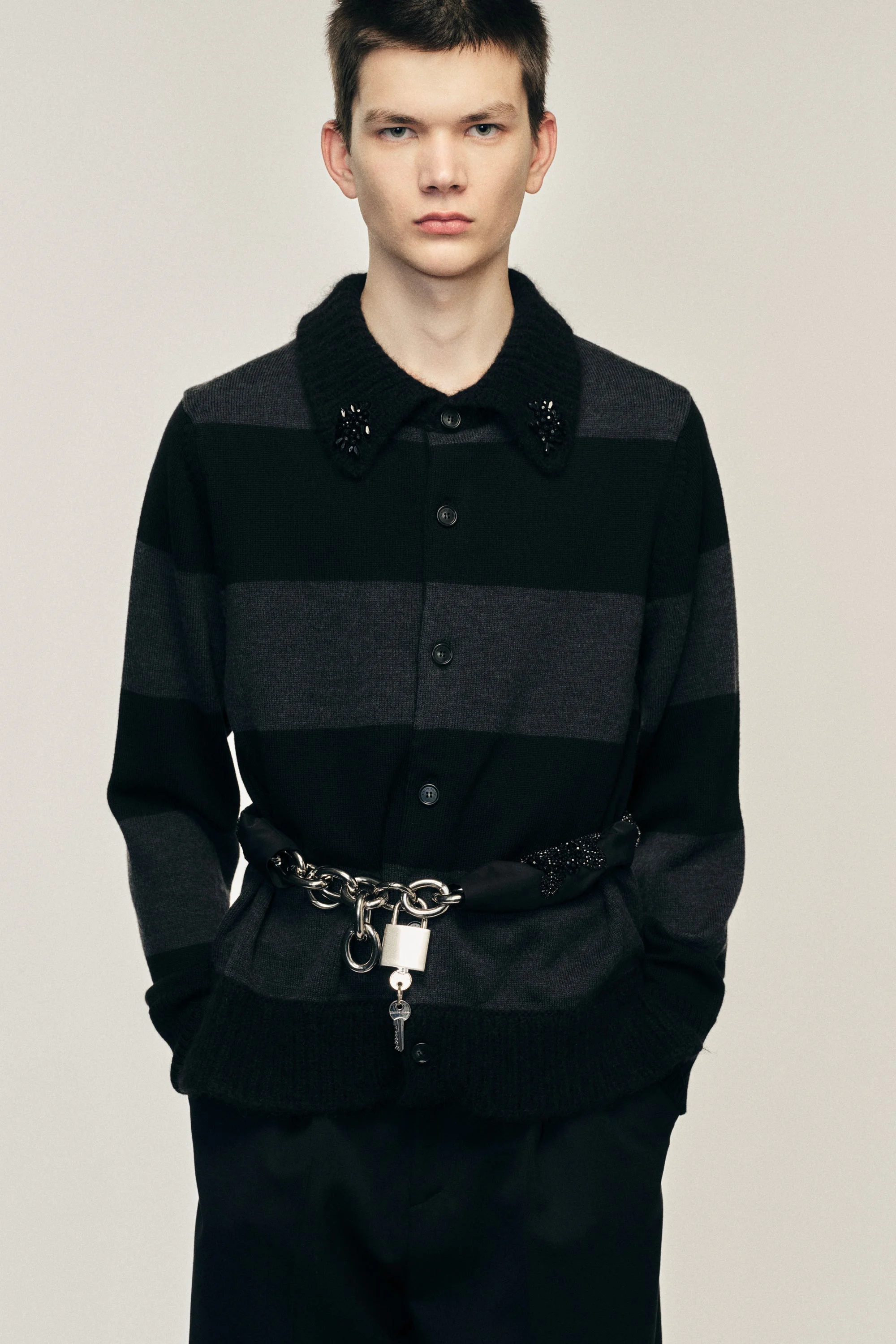 Embellished Fuzzy Collar Rugby Cardigan - 1