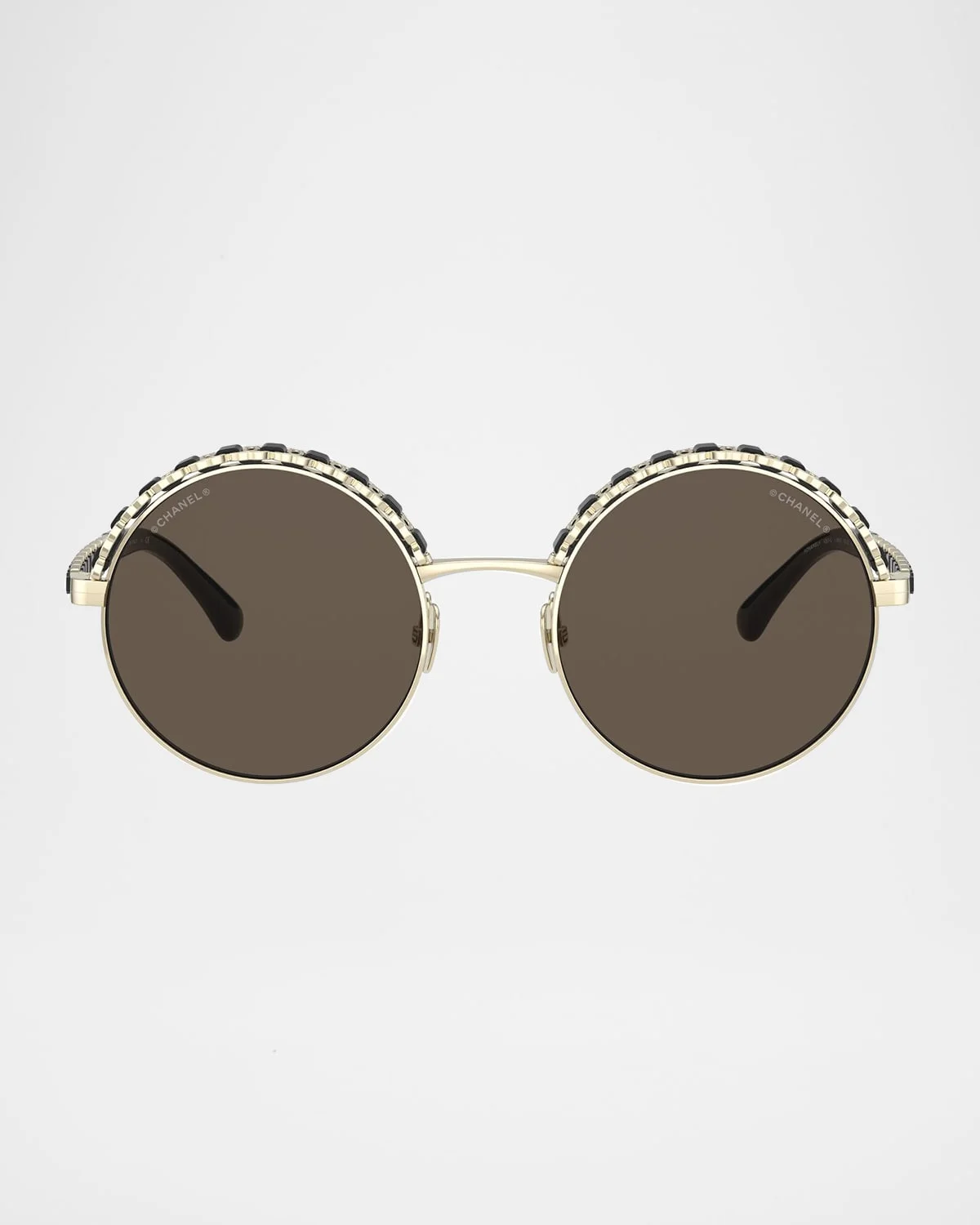 Round Metal Sunglasses with Woven Leather Detail - 1