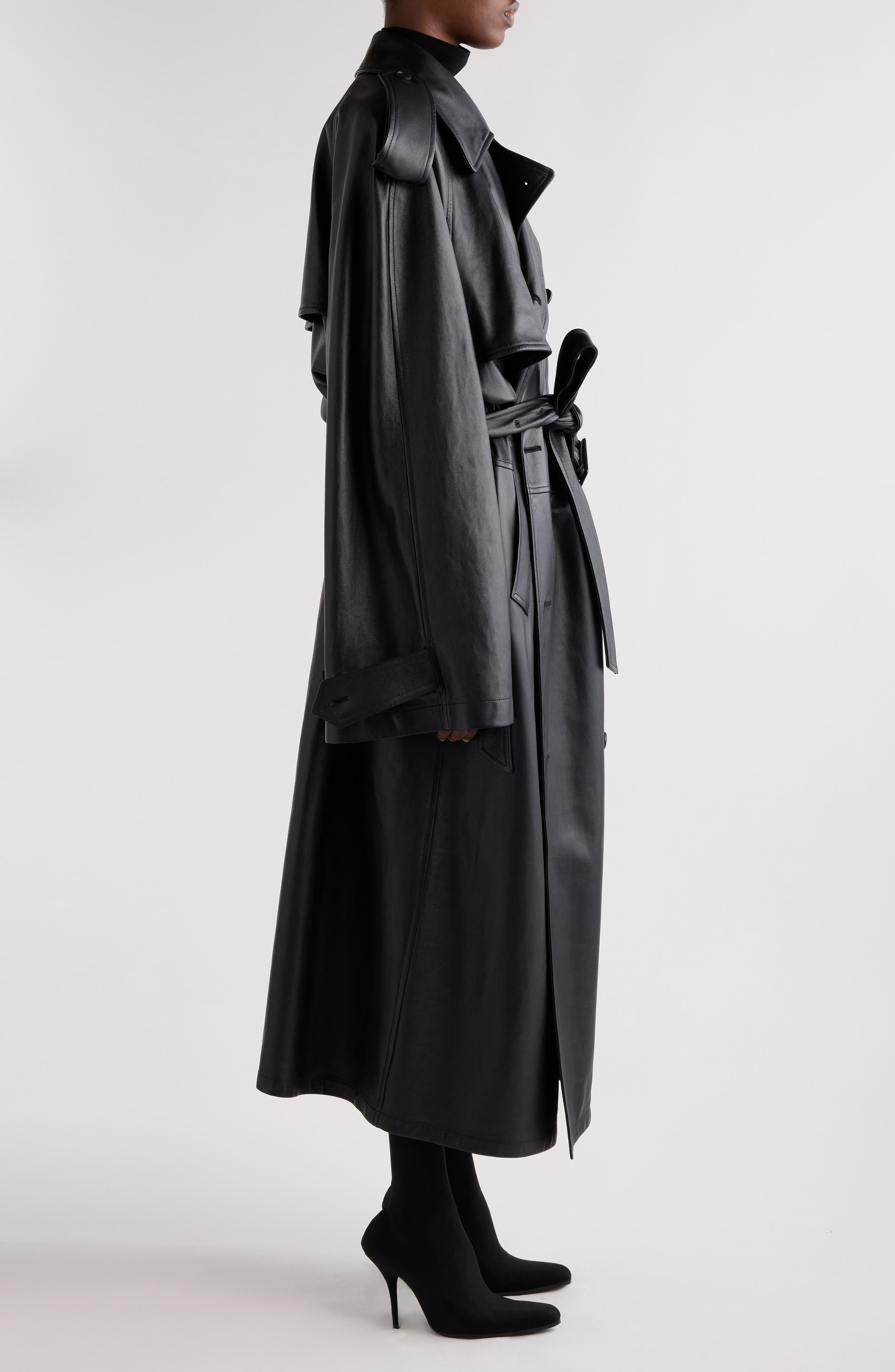 Balenciaga Double Belted Leather Trench Coat in 1000 Black at Nordstrom - 3