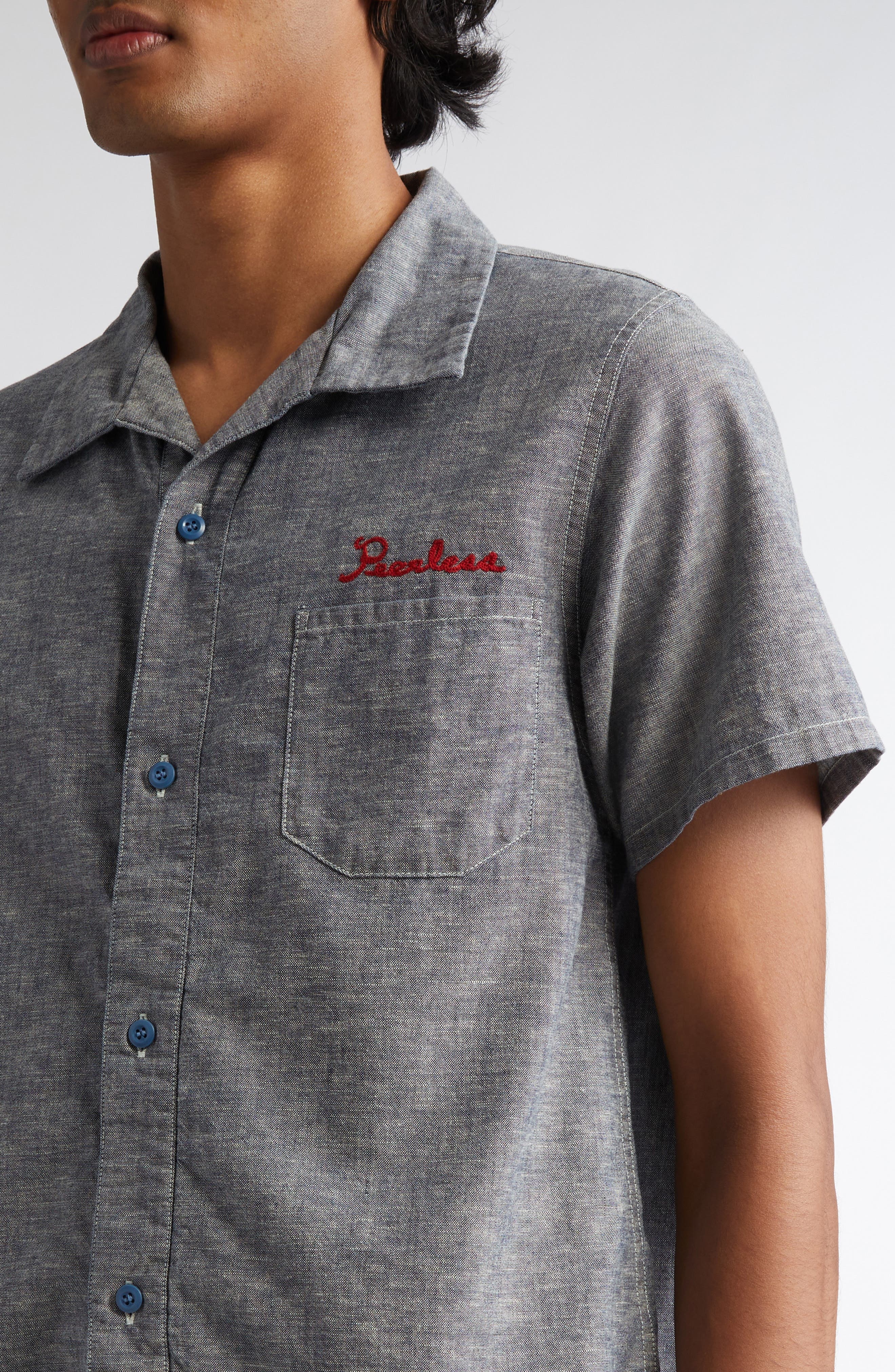 VISVIM Fairway Short Sleeve Chambray Button-Up Shirt in Indigo at Nordstrom - 5