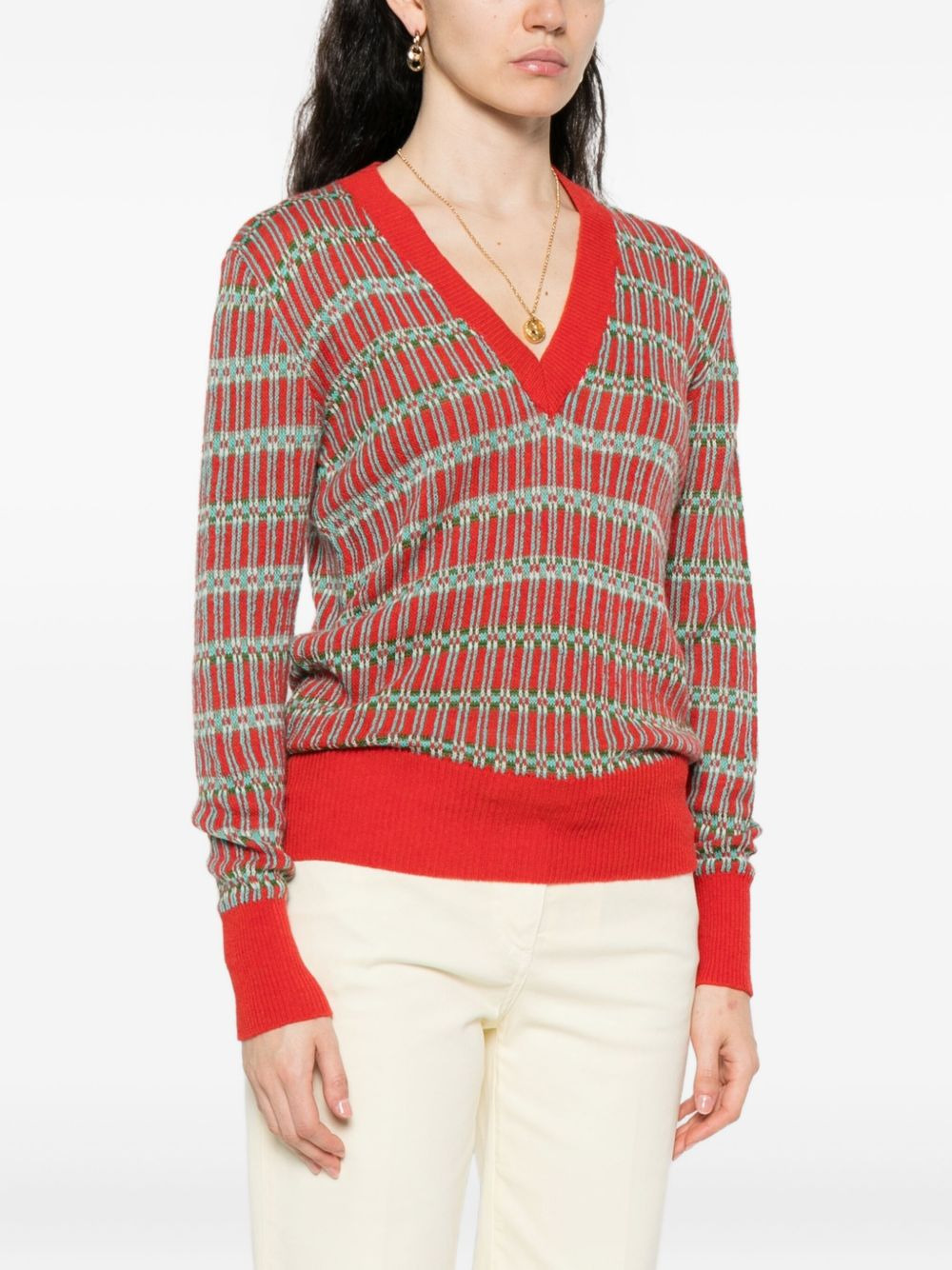 geometric-pattern V-neck sweater - 3