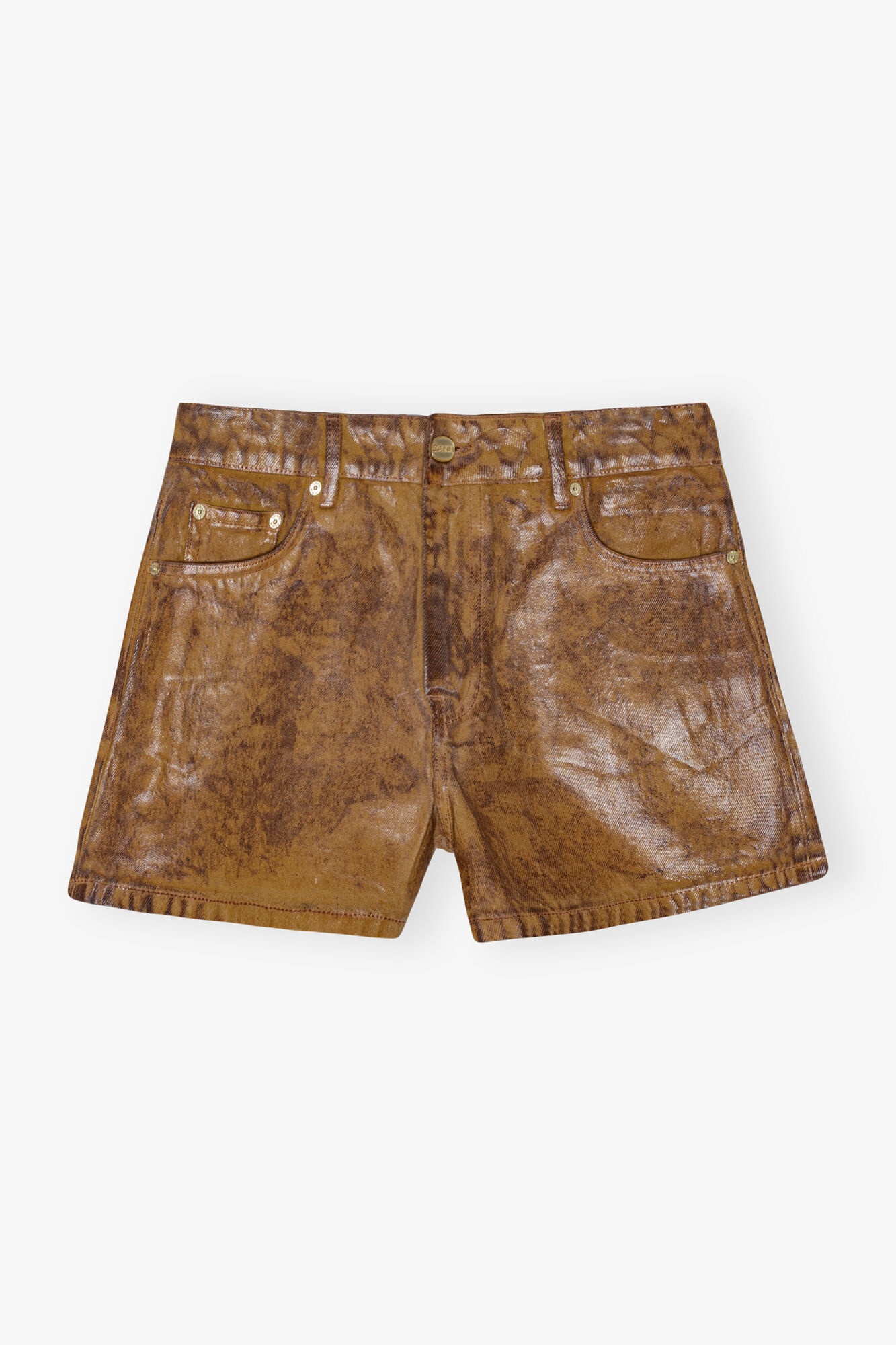BROWN FOIL DENIM SHORTS - 1