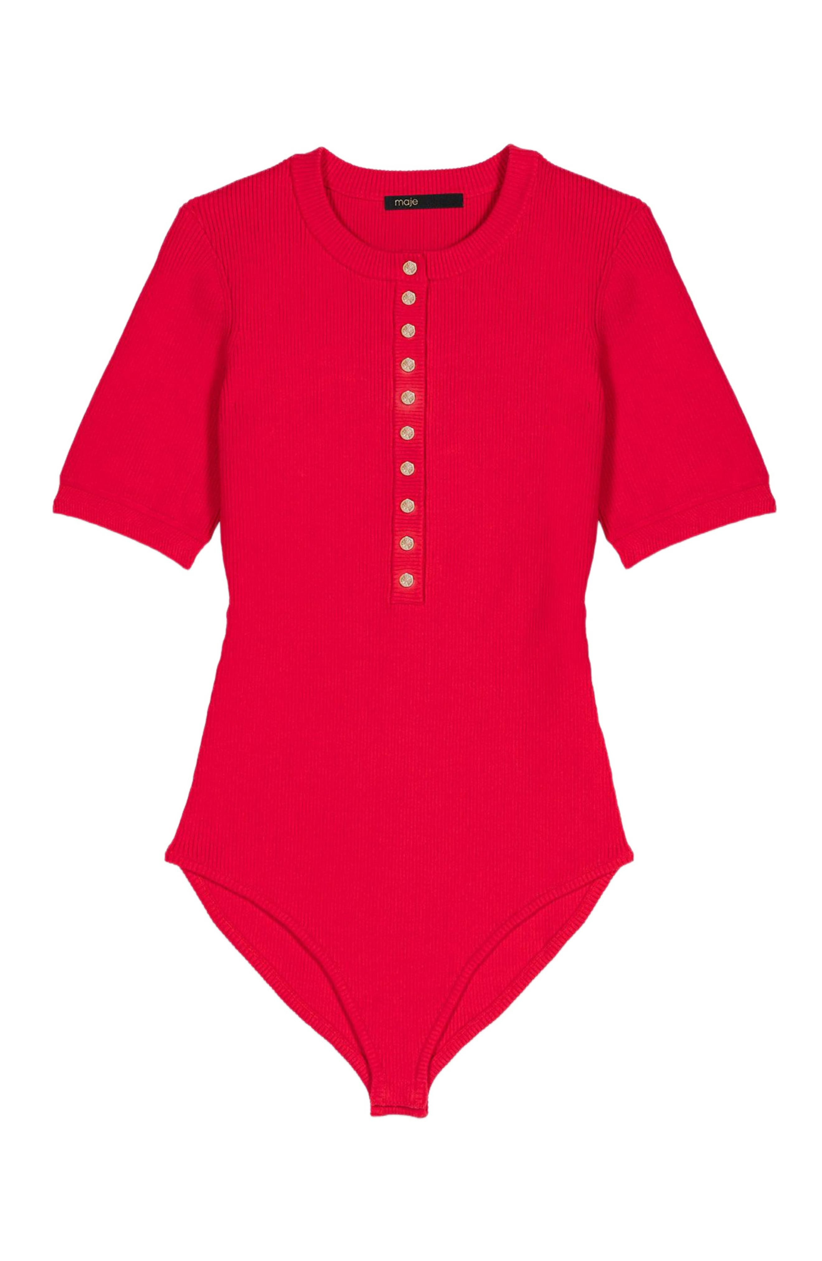 maje Ribbed knit sleeve bodysuit in Red at Nordstrom - 7