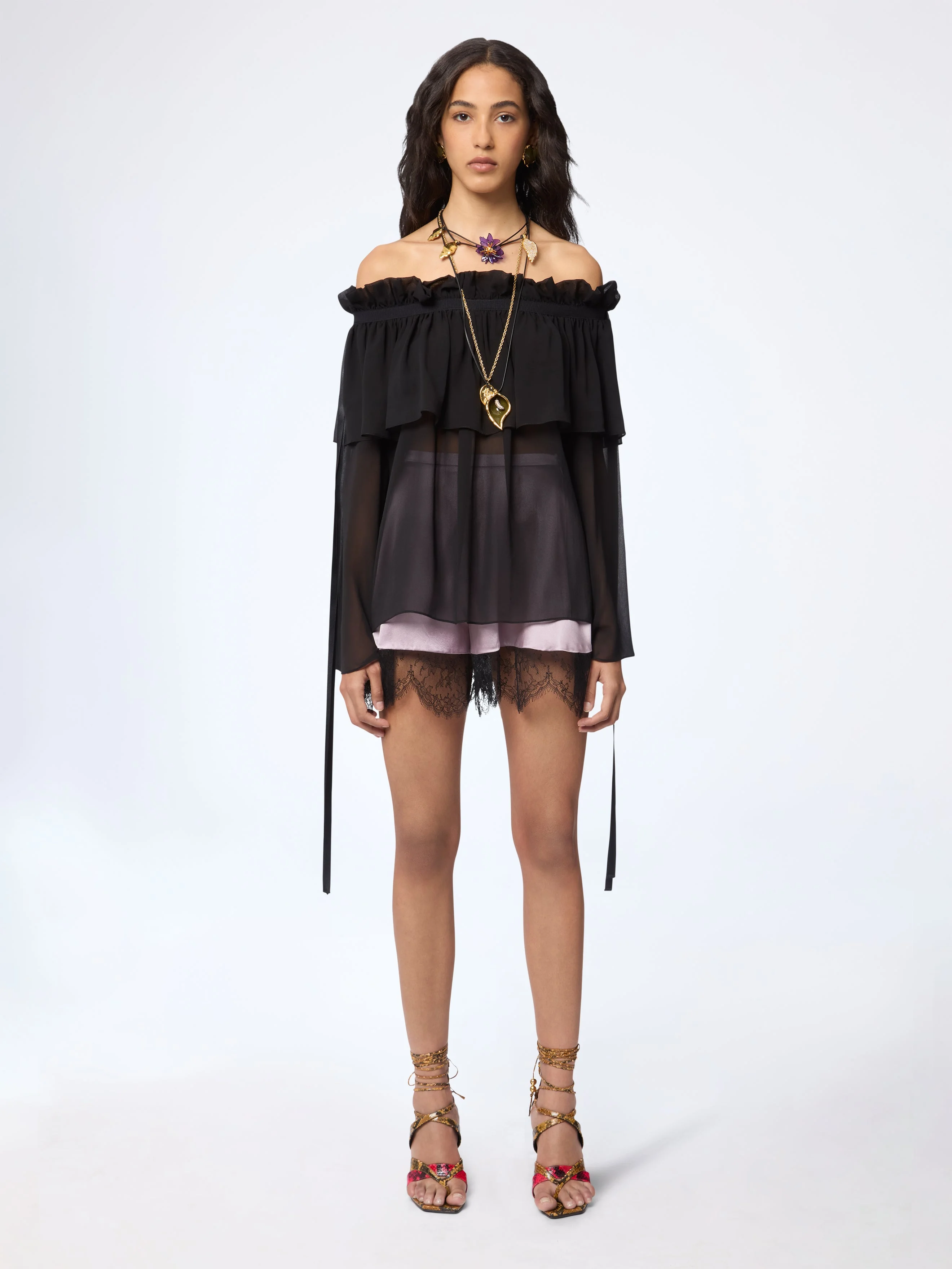 Black Boat Neck Silk Top With Bow Details - 1