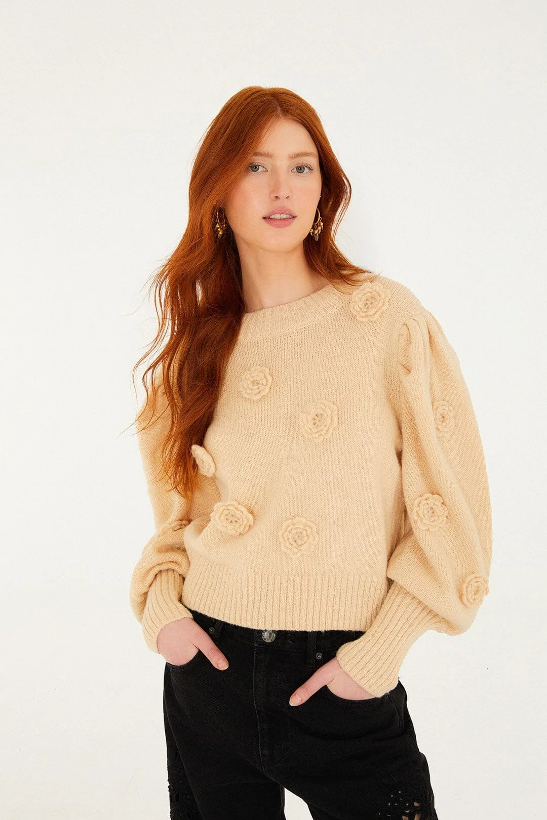 Sand Crochet 3D Flower Dropped Shoulder Knit Sweater - 1