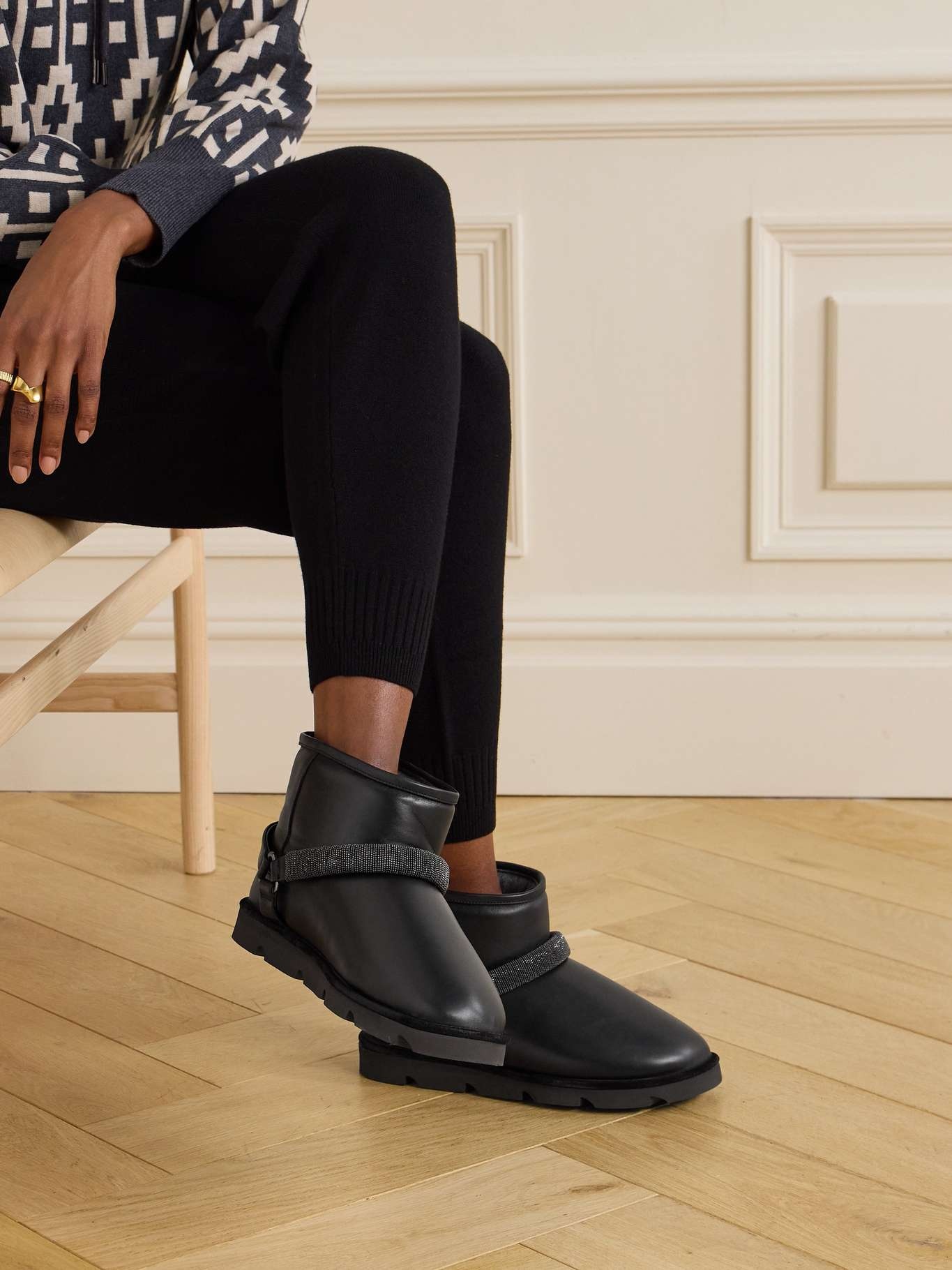 Bead-embellished shearling-lined padded leather ankle boots - 2