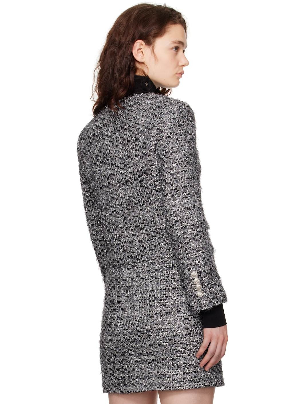 Gray Round Neck Crop Tweed Jacket - 3
