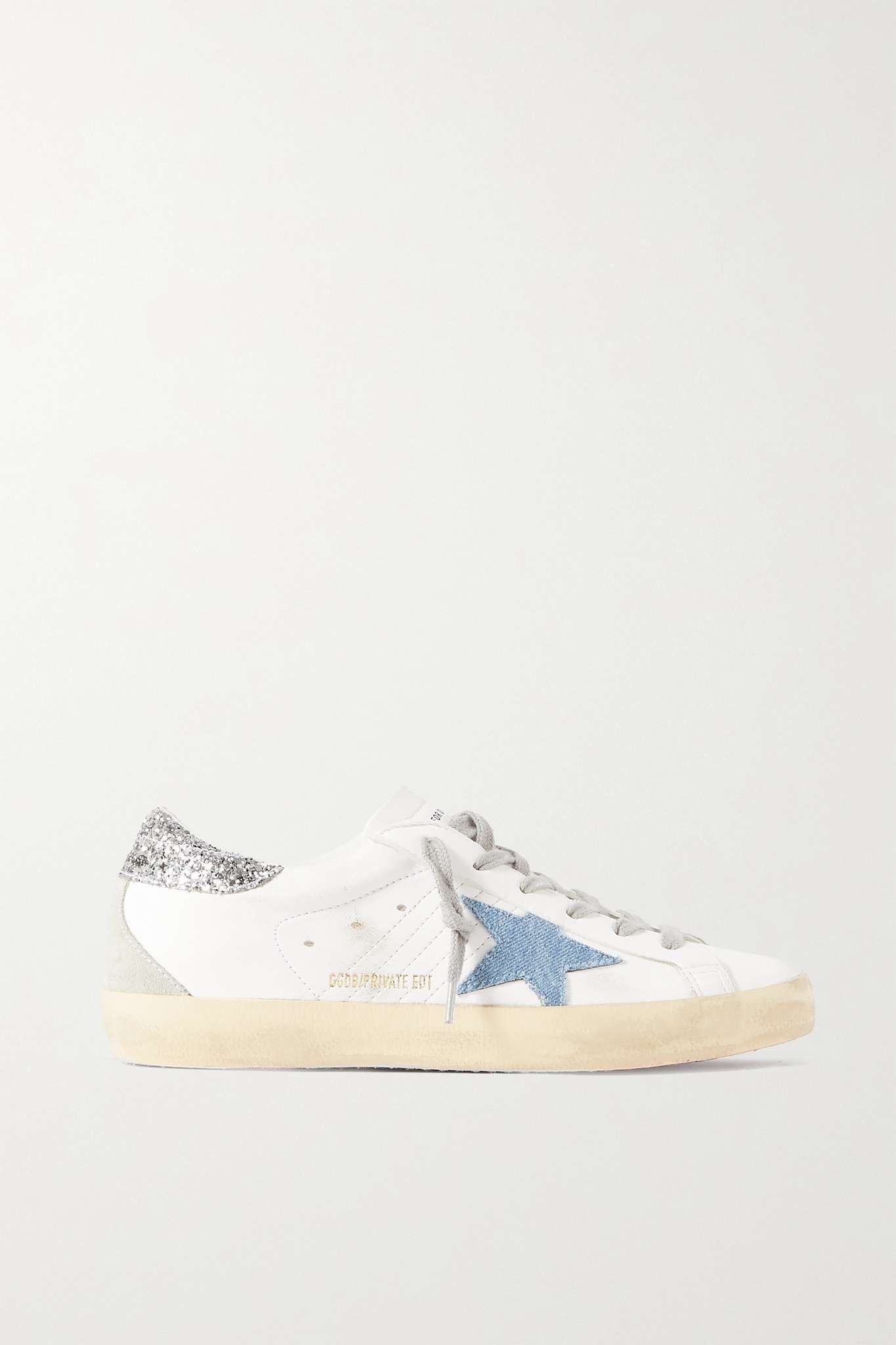 Superstar distressed denim-trimmed glittered leather sneakers - 1