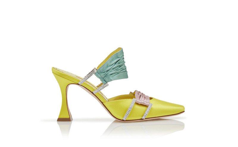 Yellow, Pink and Teal Satin Gathered Mules 1