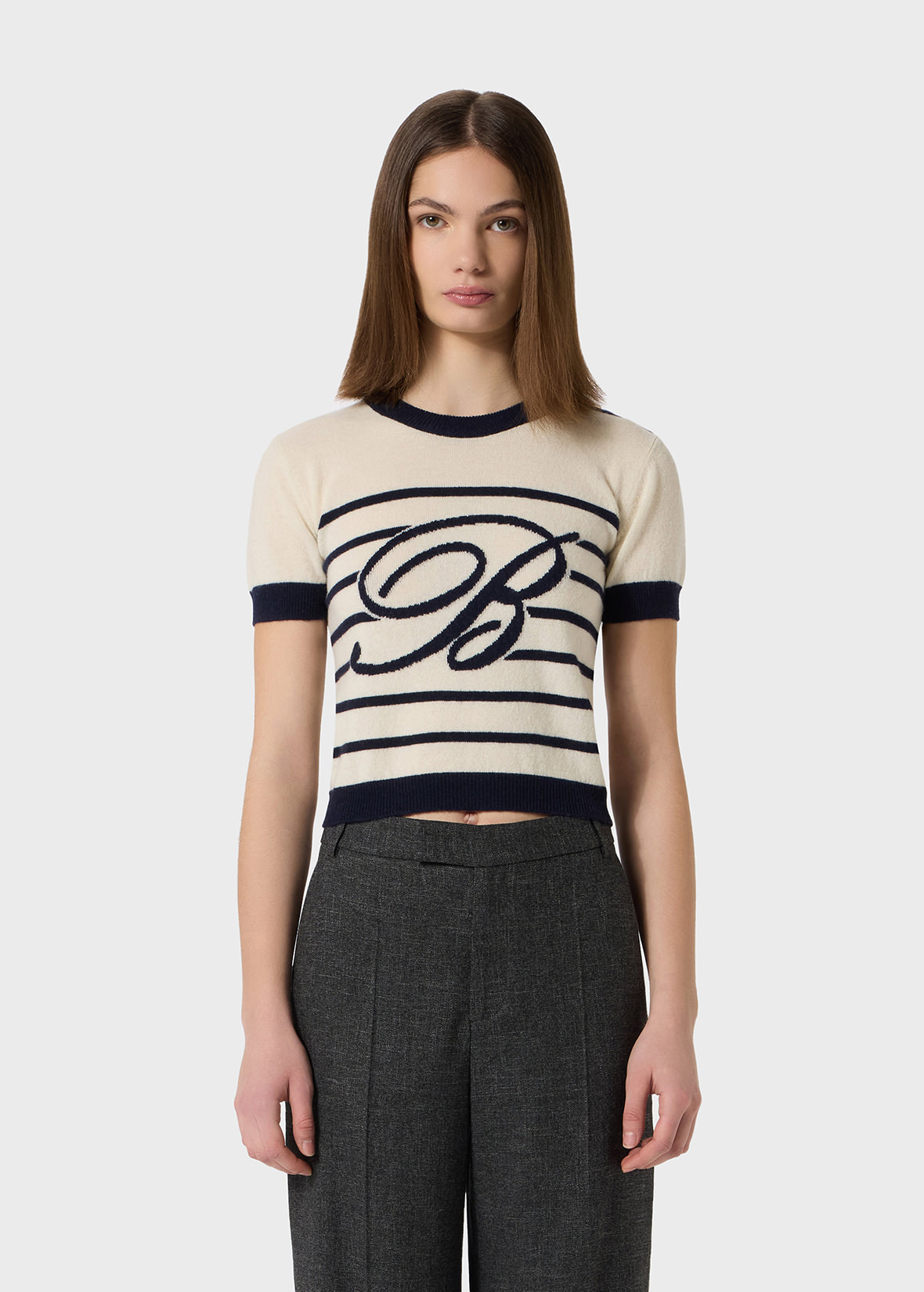 SHORT-SLEEVE MARINIÈRE SWEATER WITH BLUMARINE LOGO - 3