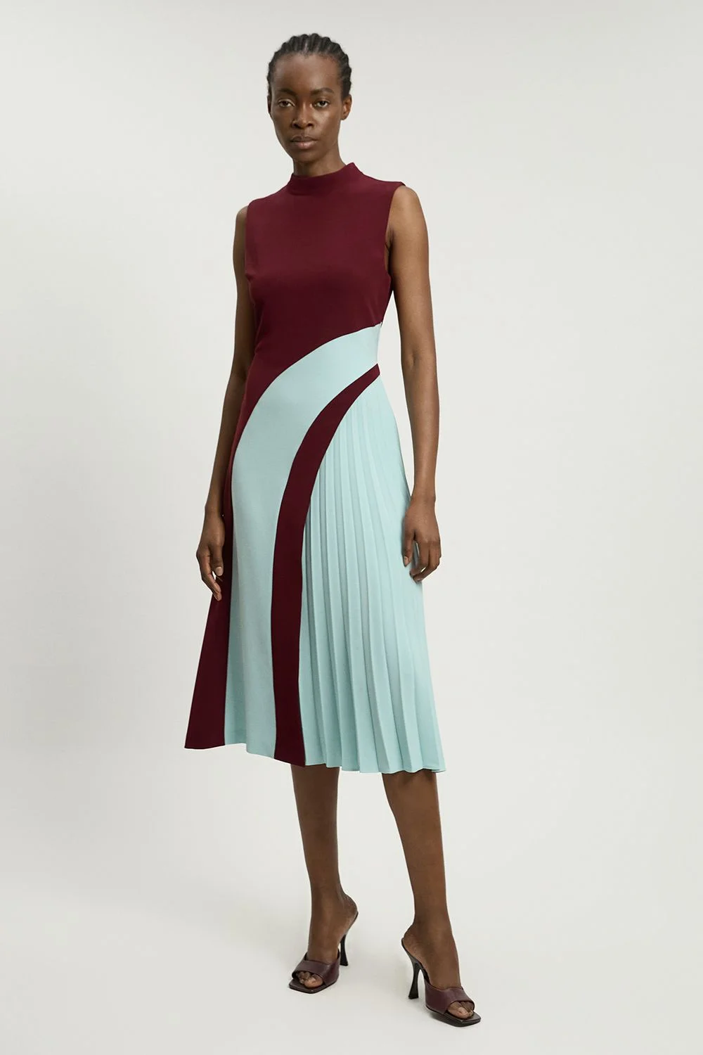 Soft Tailored Colour Block High Neck Pleated Midi Dress - 1
