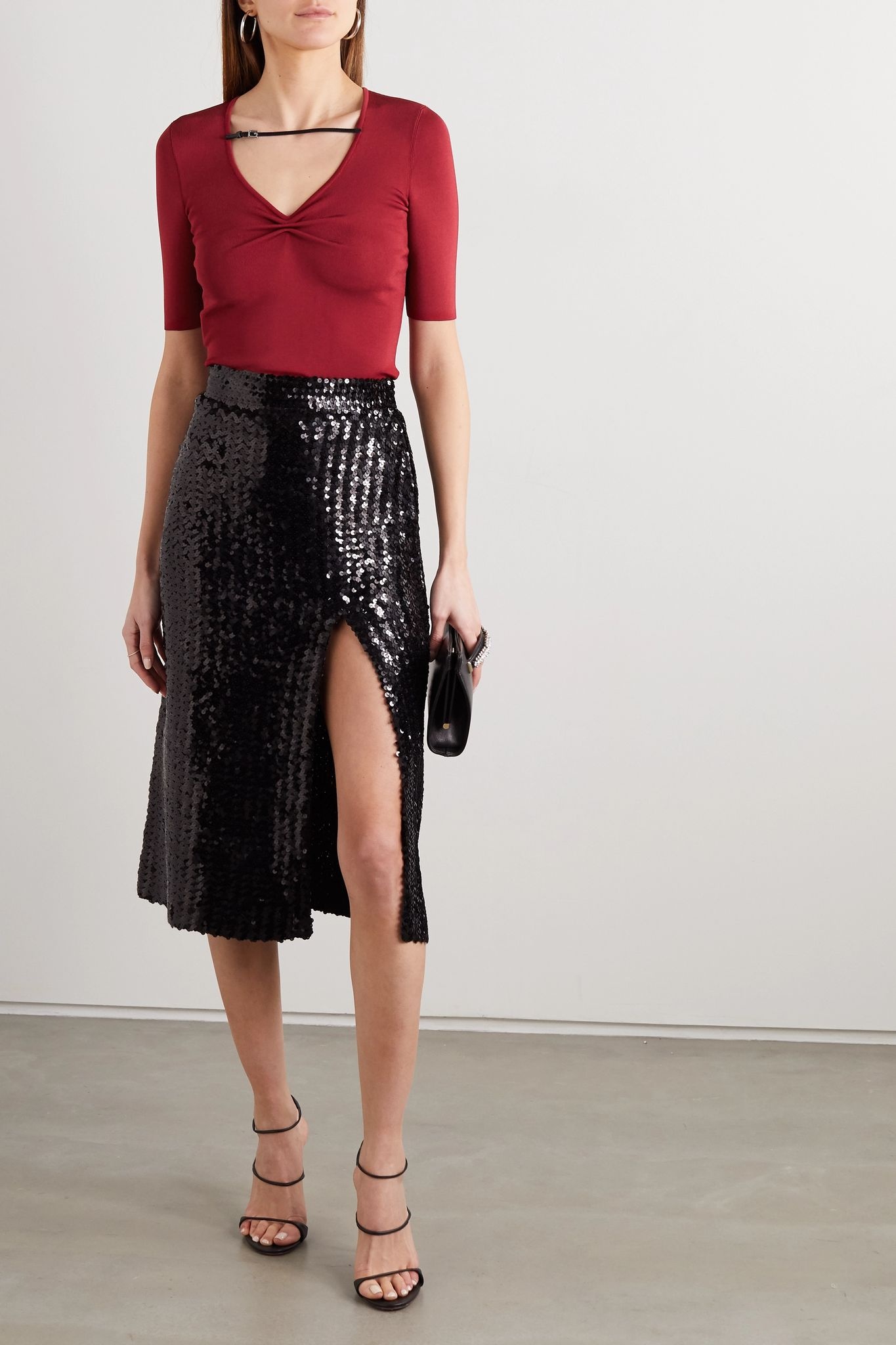 Gathered patent leather-trimmed stretch-knit top - 2