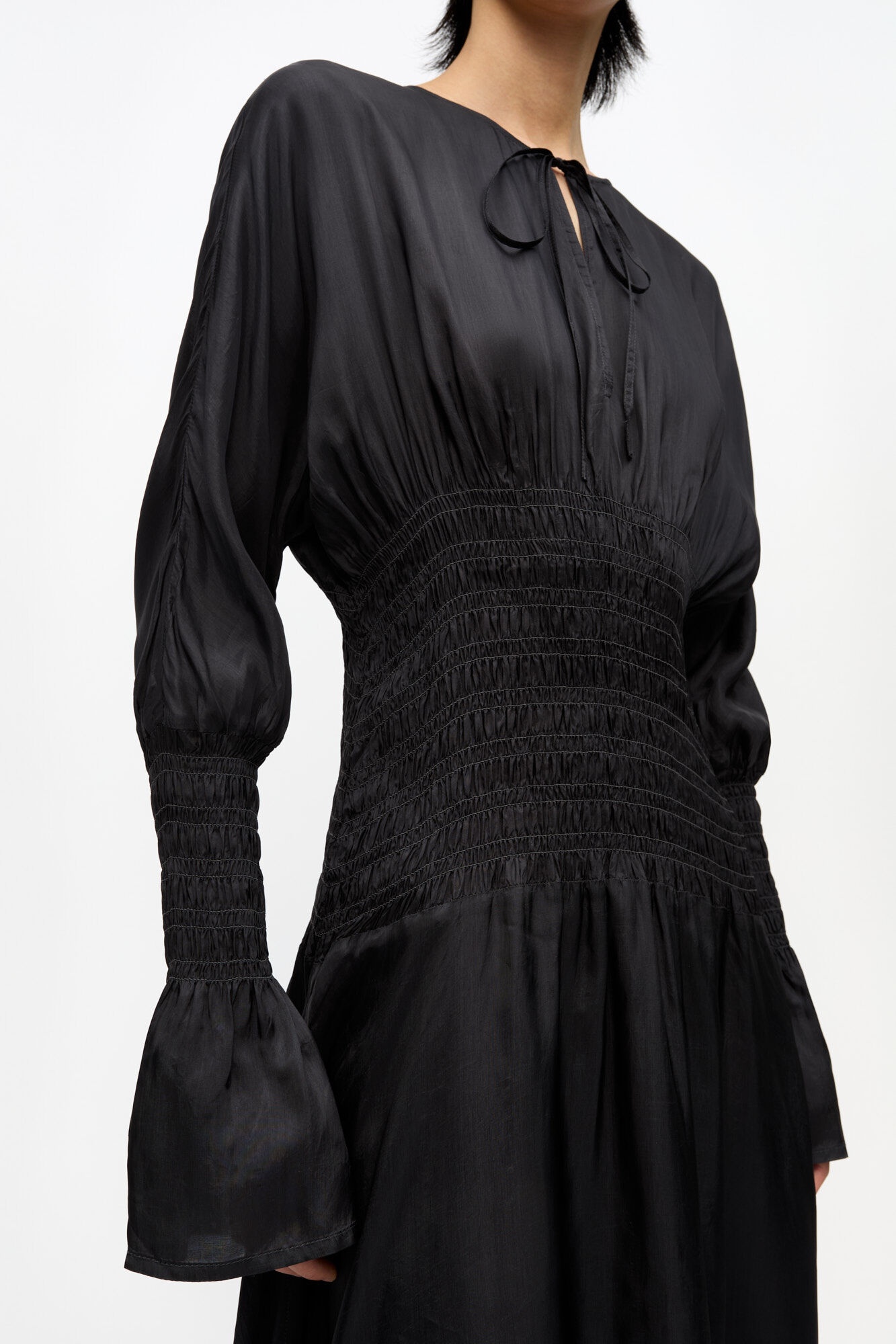 GANNI｜DRESSES (BLACK VISCOSE HABOTAI MIDI SMOCK STRAP D Black Black Viscose Habotai Midi Smock Strap Dress | GANNI US