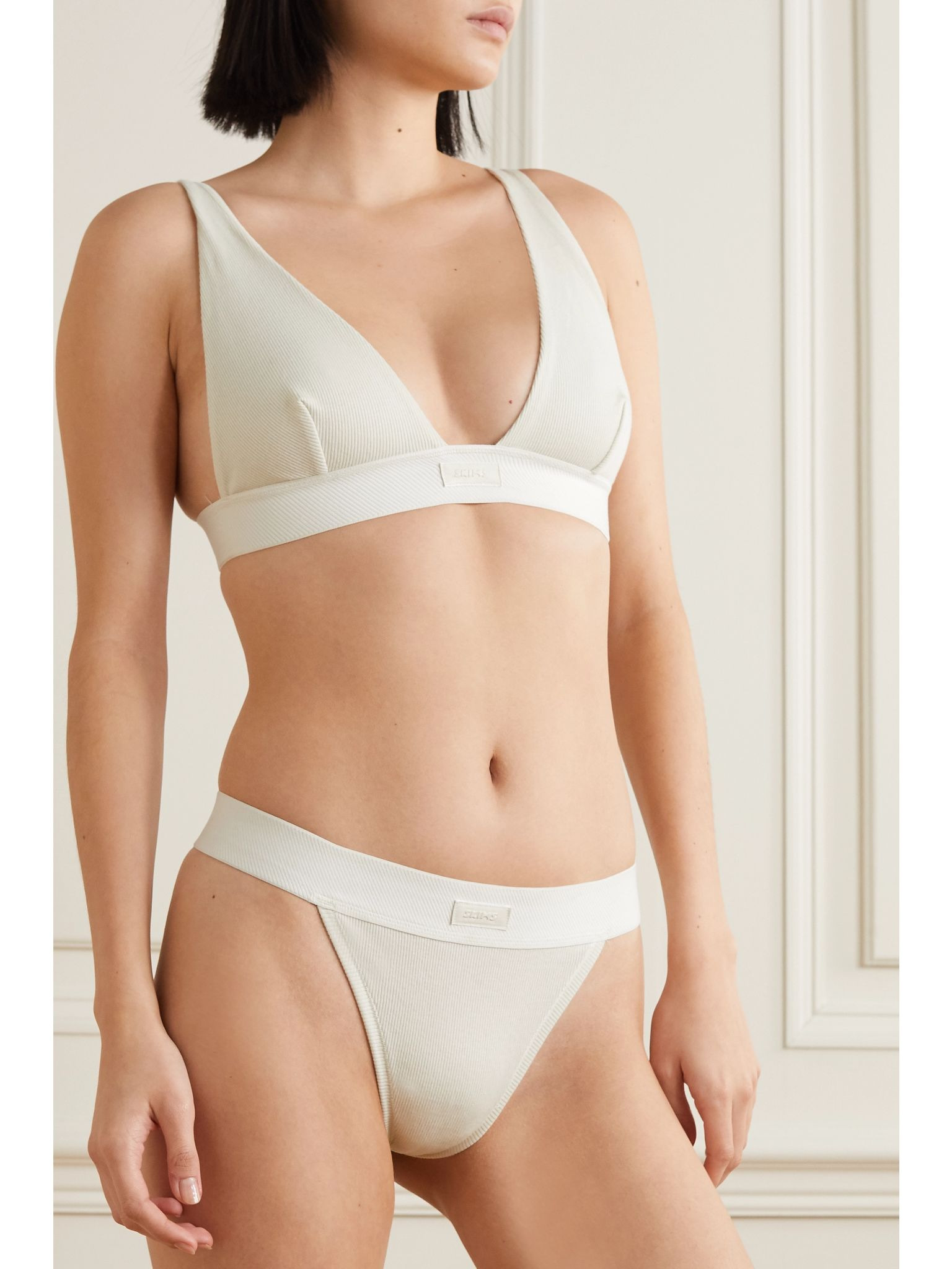Plunge ribbed cotton-blend jersey bralette - Bone White - 6