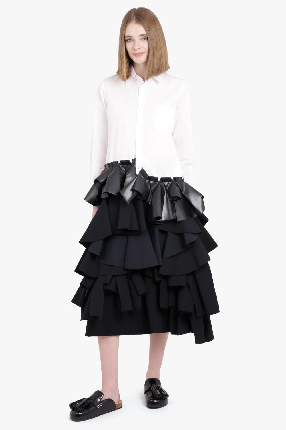 ASYMMETRIC CONTRAST RUFFLE MIDI SKIRT | BLACK - 5