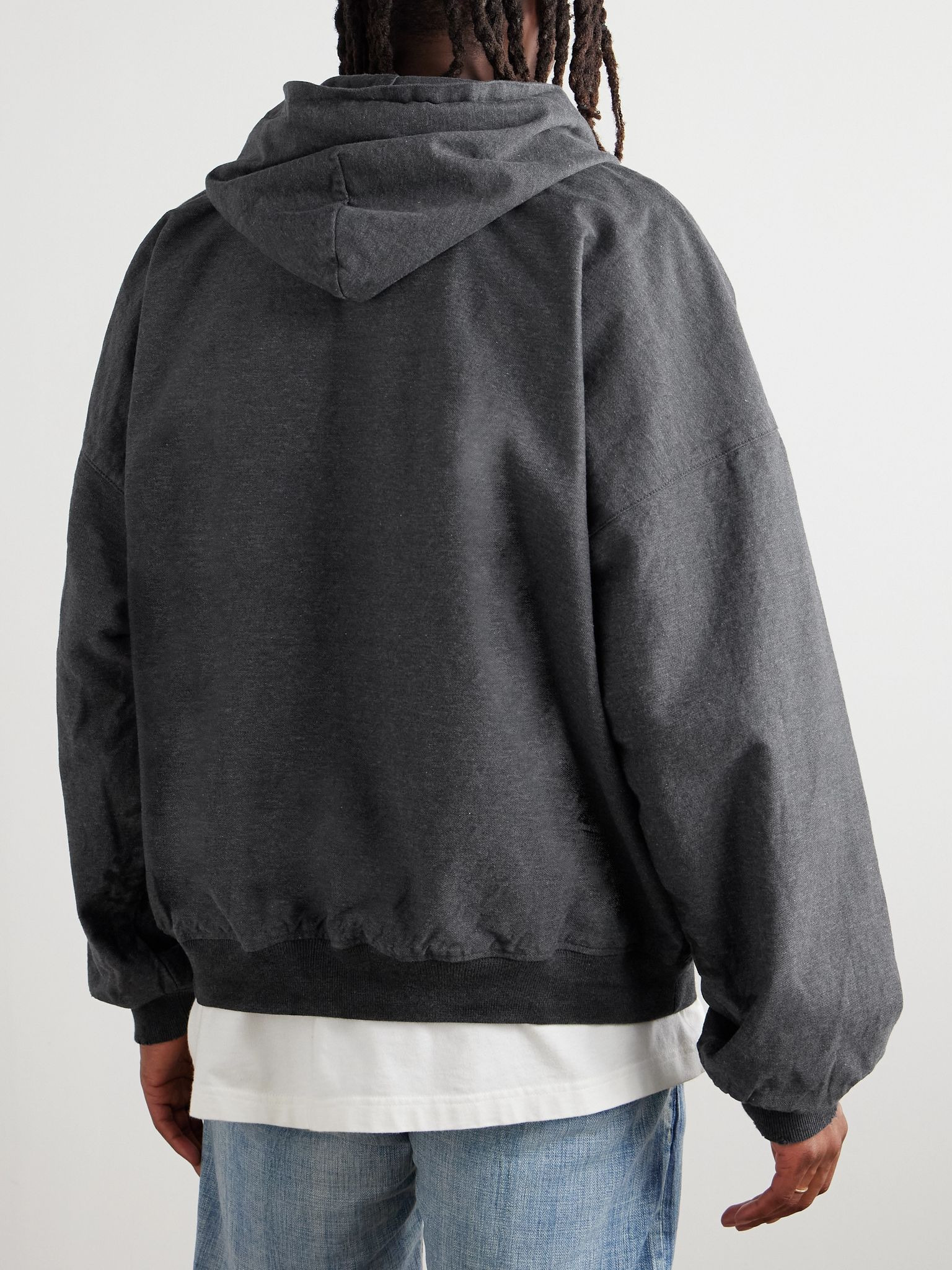Logo-Embroidered Printed Denim Zip-Up Hoodie Gray - 3