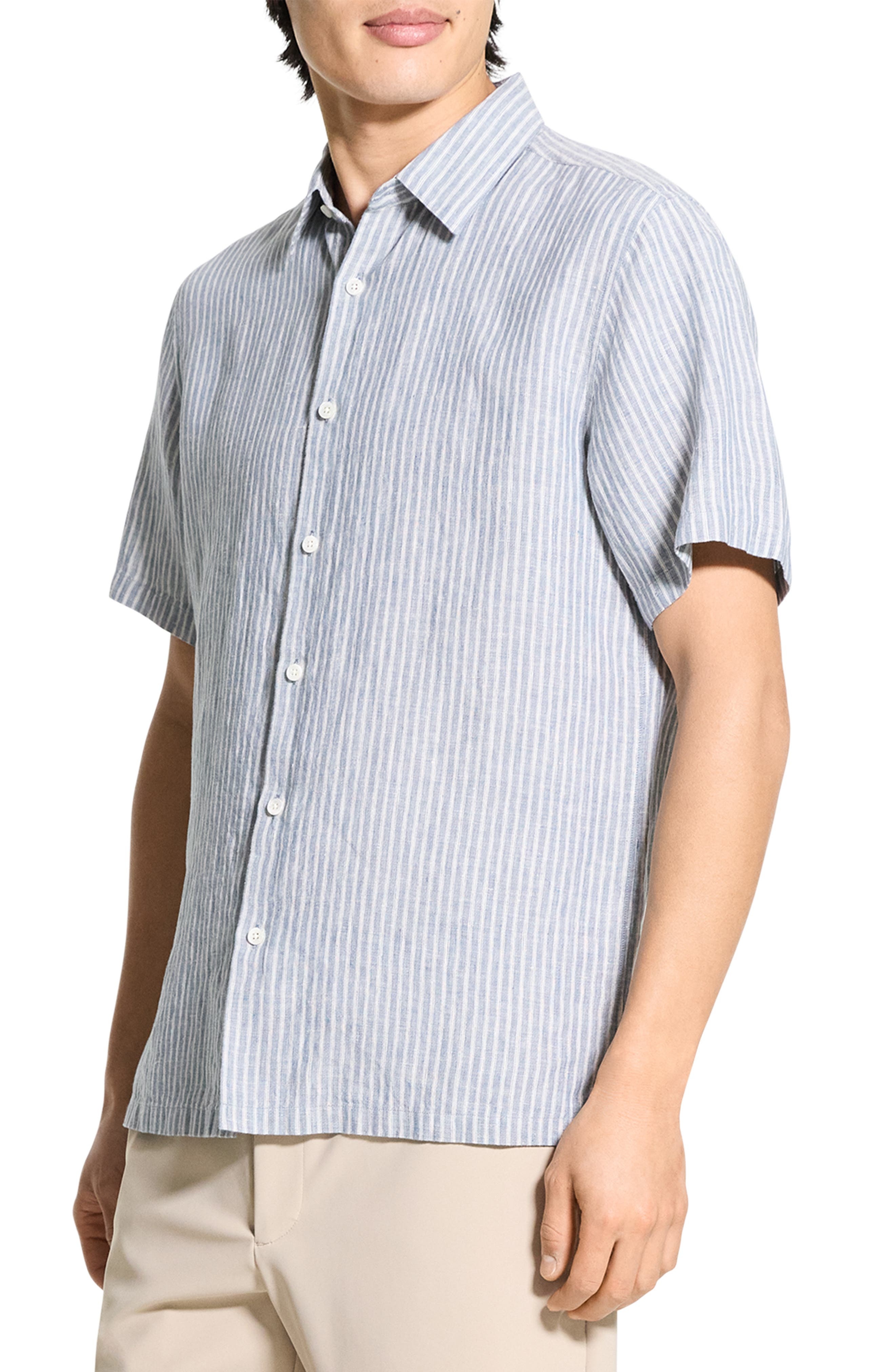 Theory Irving Stripe Short Sleeve Linen Button-Up Shirt in Dark Rainstorm/Eggshell at Nordstrom - 3
