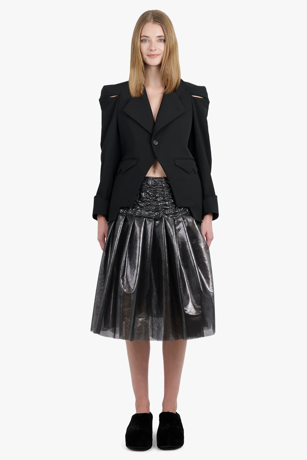 FOILED PRINT TULLE GATHERED MIDI SKIRT | SILVER/BLACK - 4