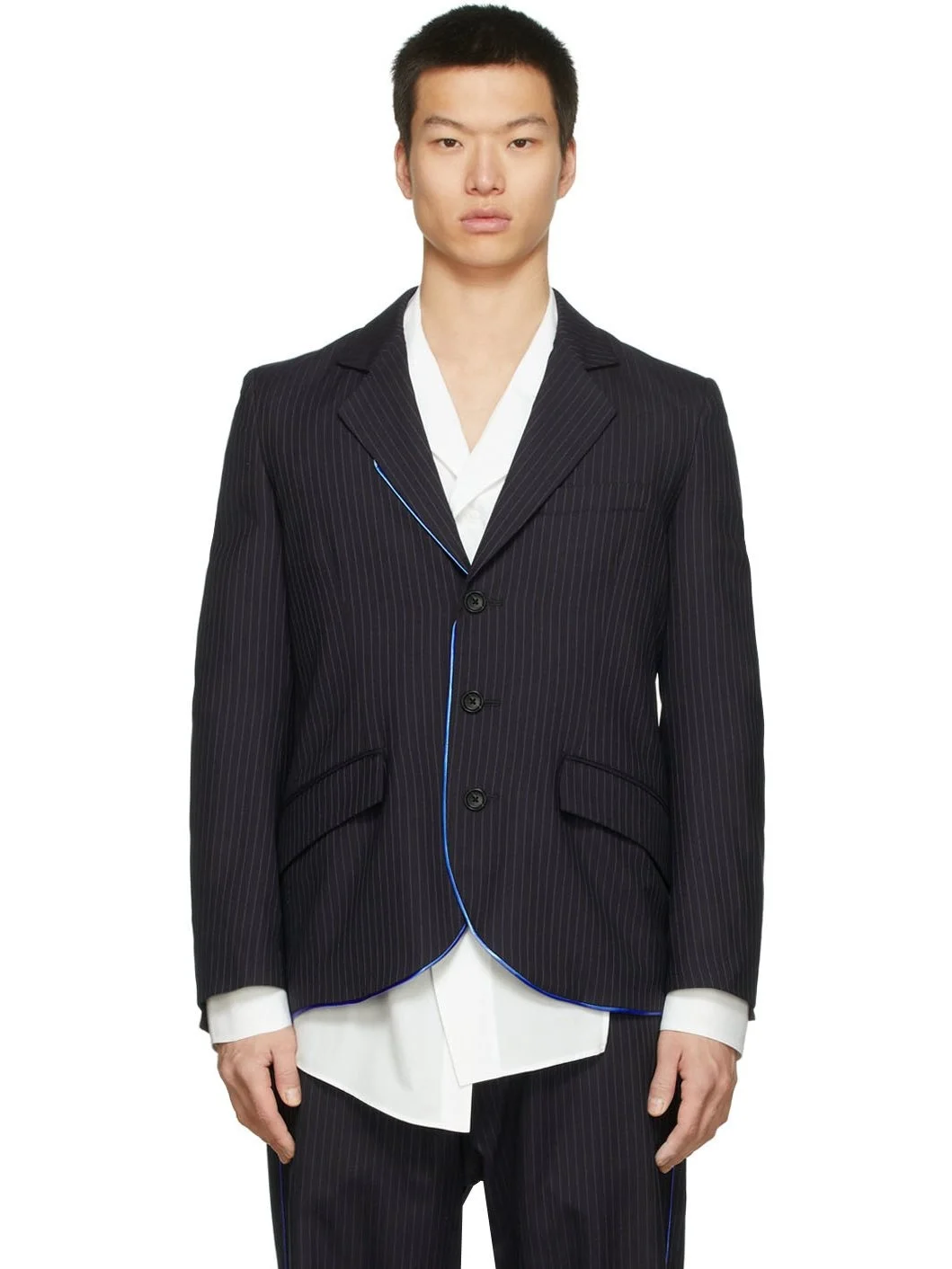 Black & Blue Round Hem Piping Blazer - 1