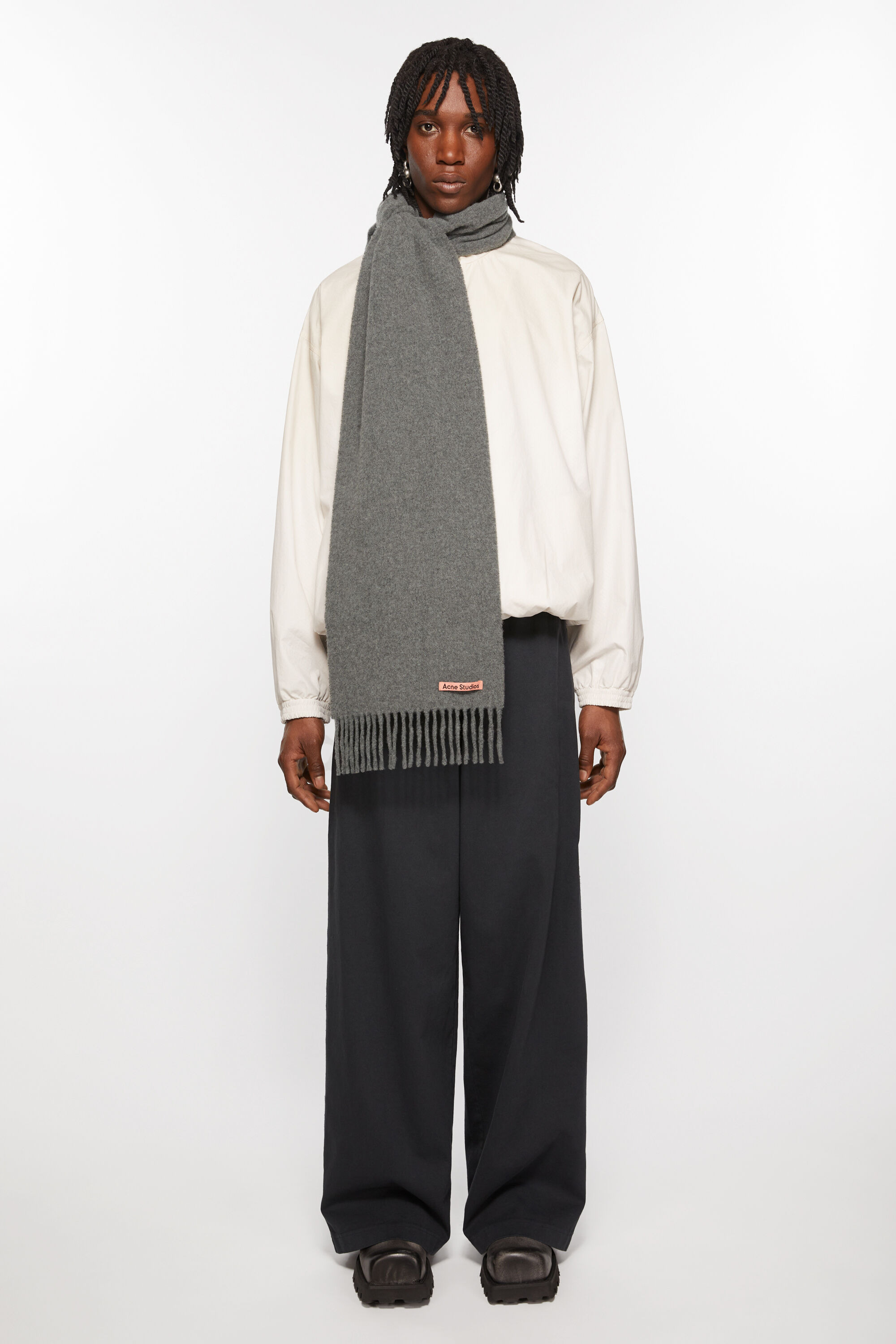Fringe wool scarf - skinny - Grey Melange - 3