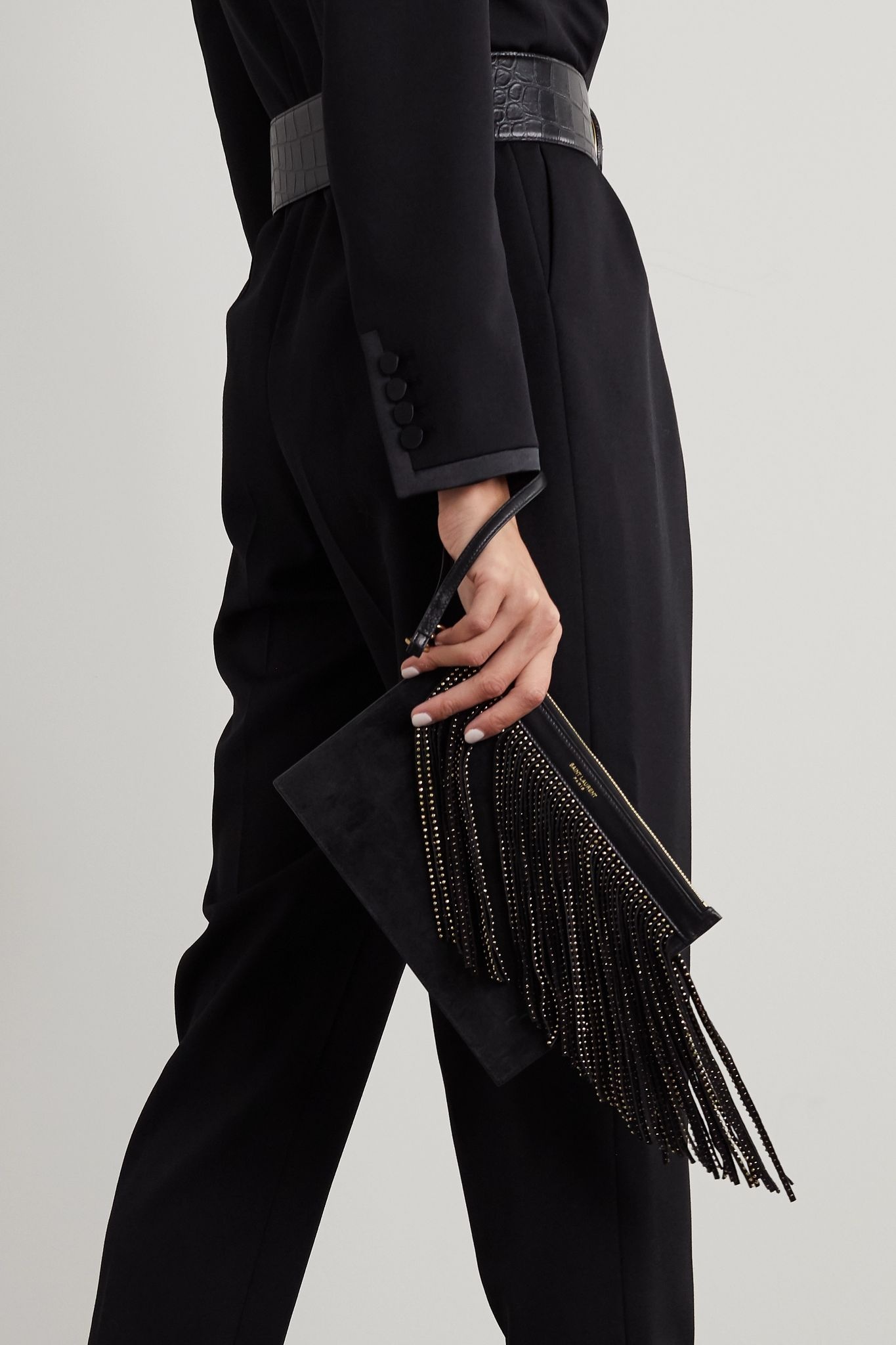 Studded fringed leather and suede pouch - 2