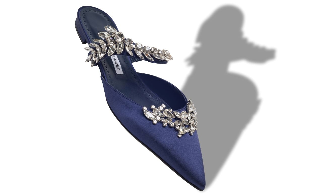 Navy Blue Satin Crystal Embellished Flat Mules - 2