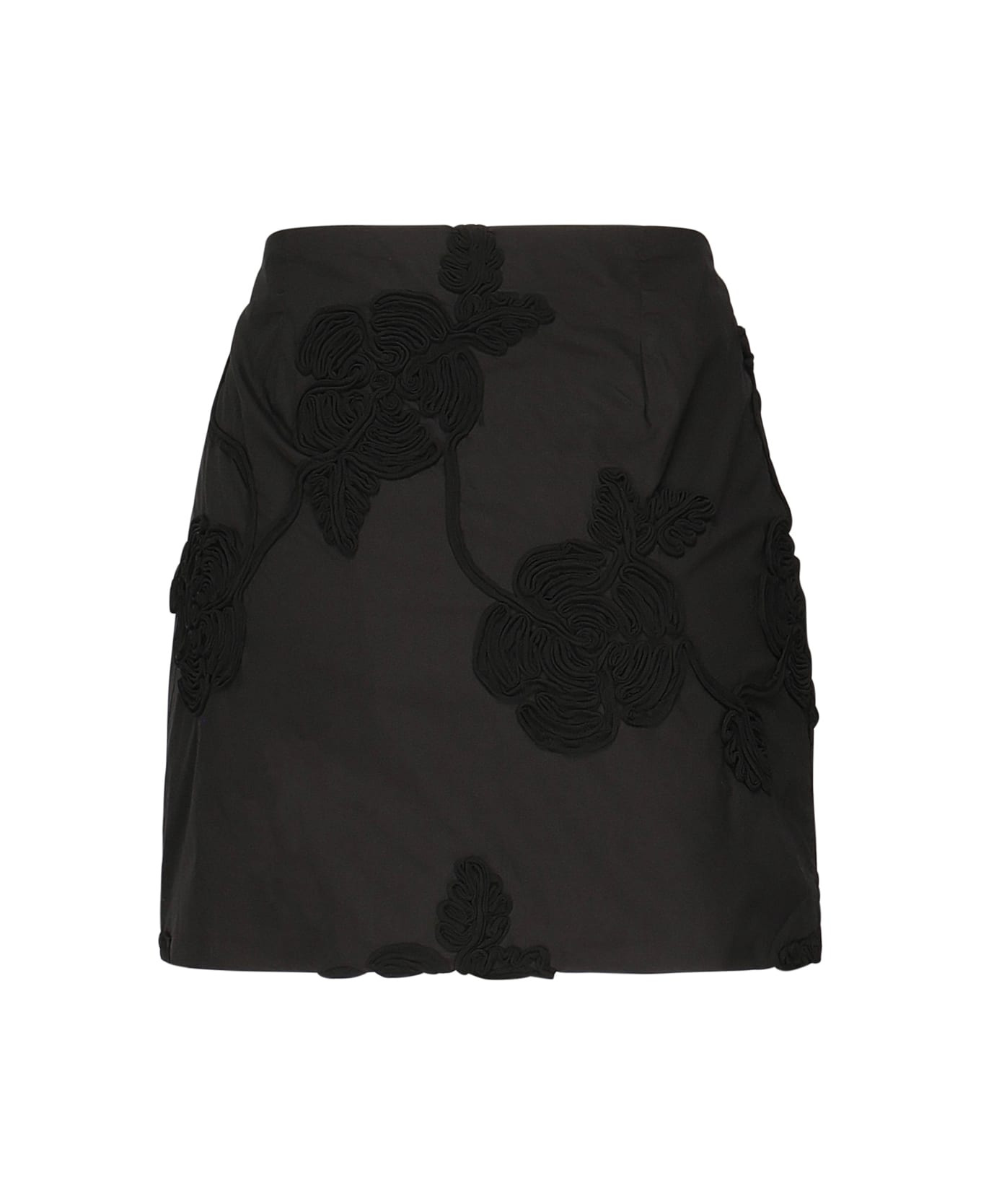 Black Mini Skirt With 3d Floral Details Applied All-over In Cotton Woman - 3