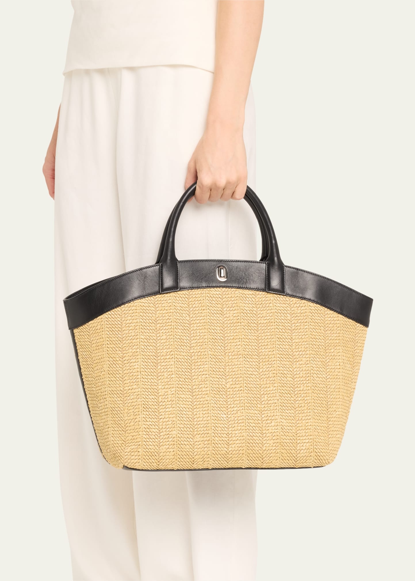 Tondo Large Raffia and Leather Tote Bag - 2