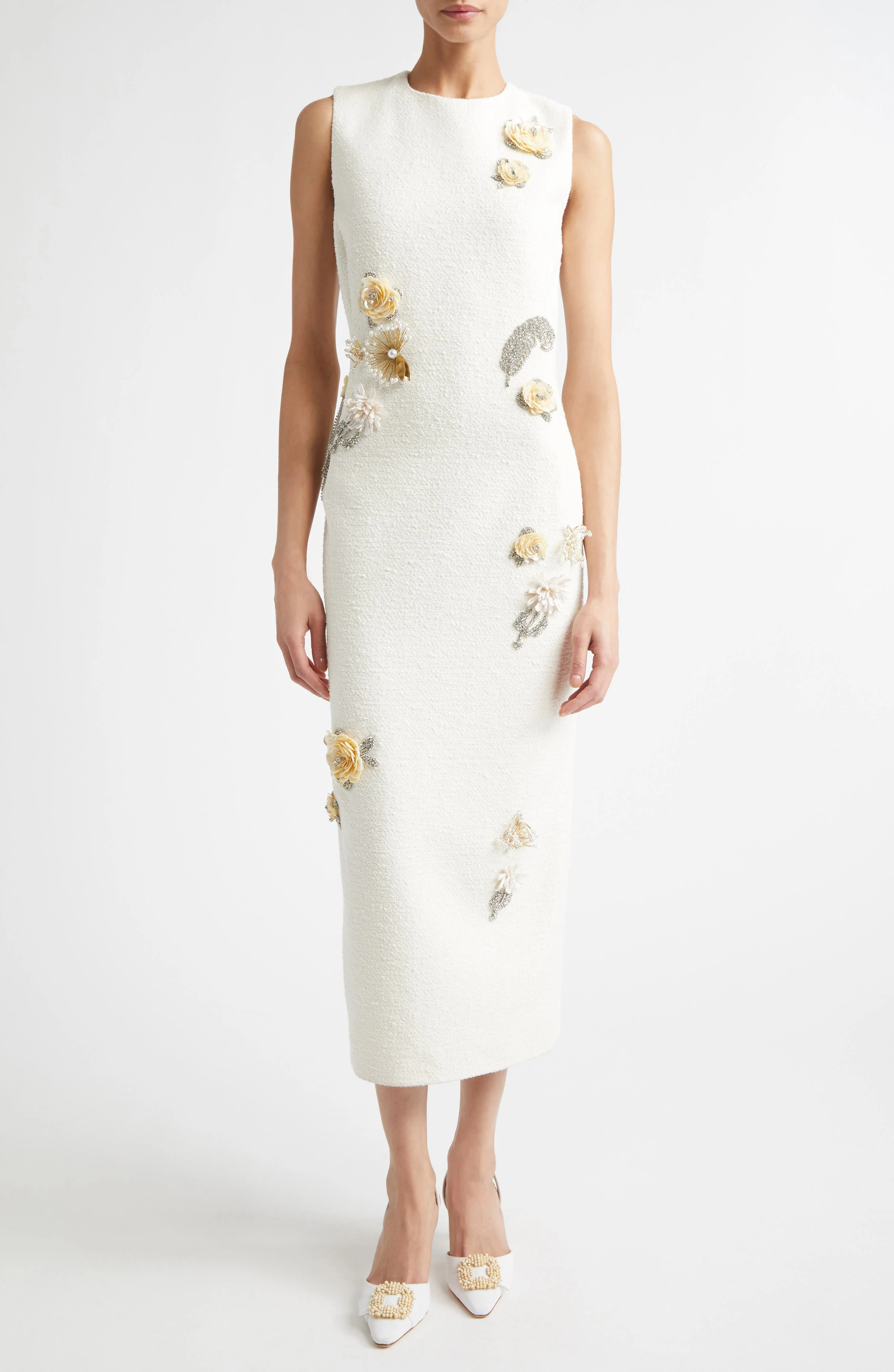 Oscar de la Renta Brooch Embroidered Sleeveless Tweed Cocktail Dress in Ivory at Nordstrom - 1