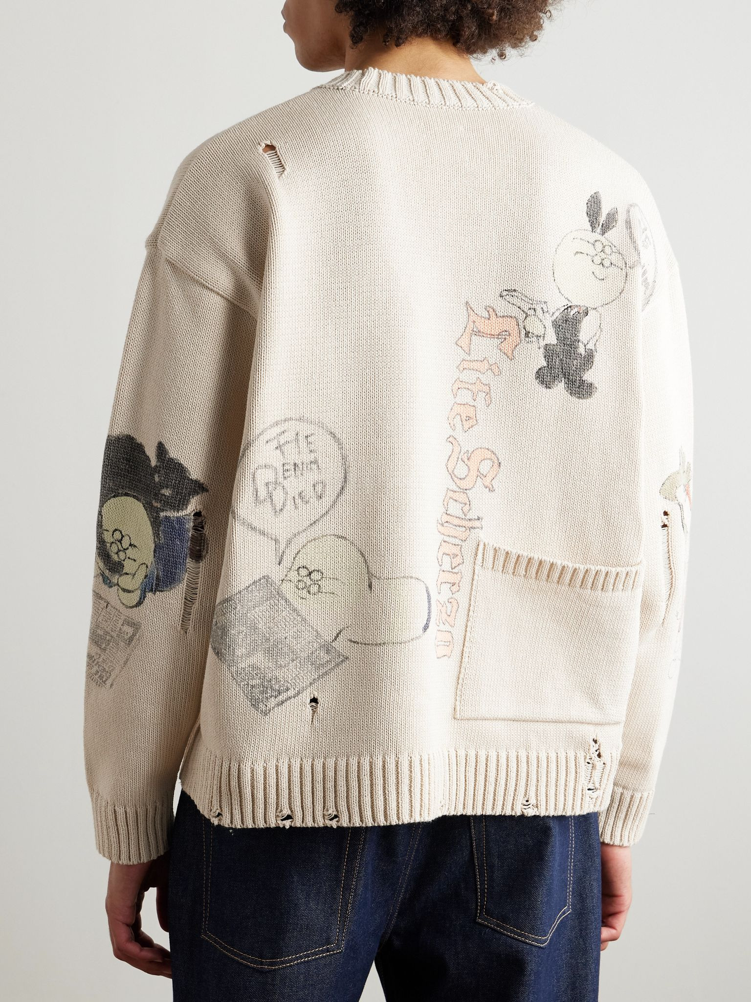 Distressed Printed Cotton Sweater Ecru - 4
