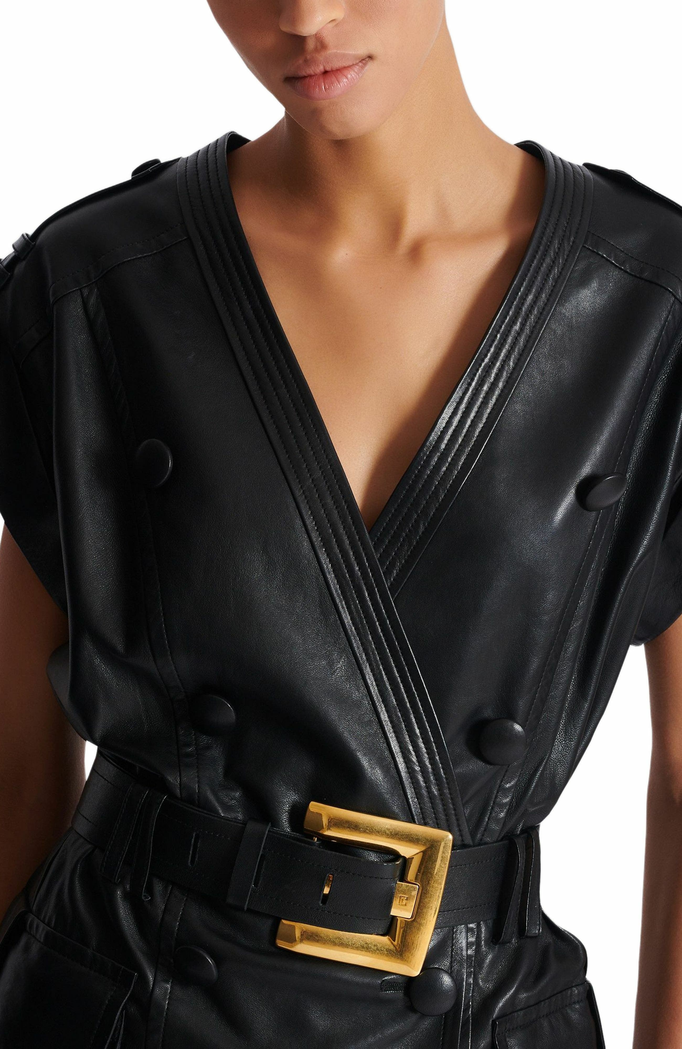 Balmain Lambskin leather short belted dress in Black at Nordstrom - 6