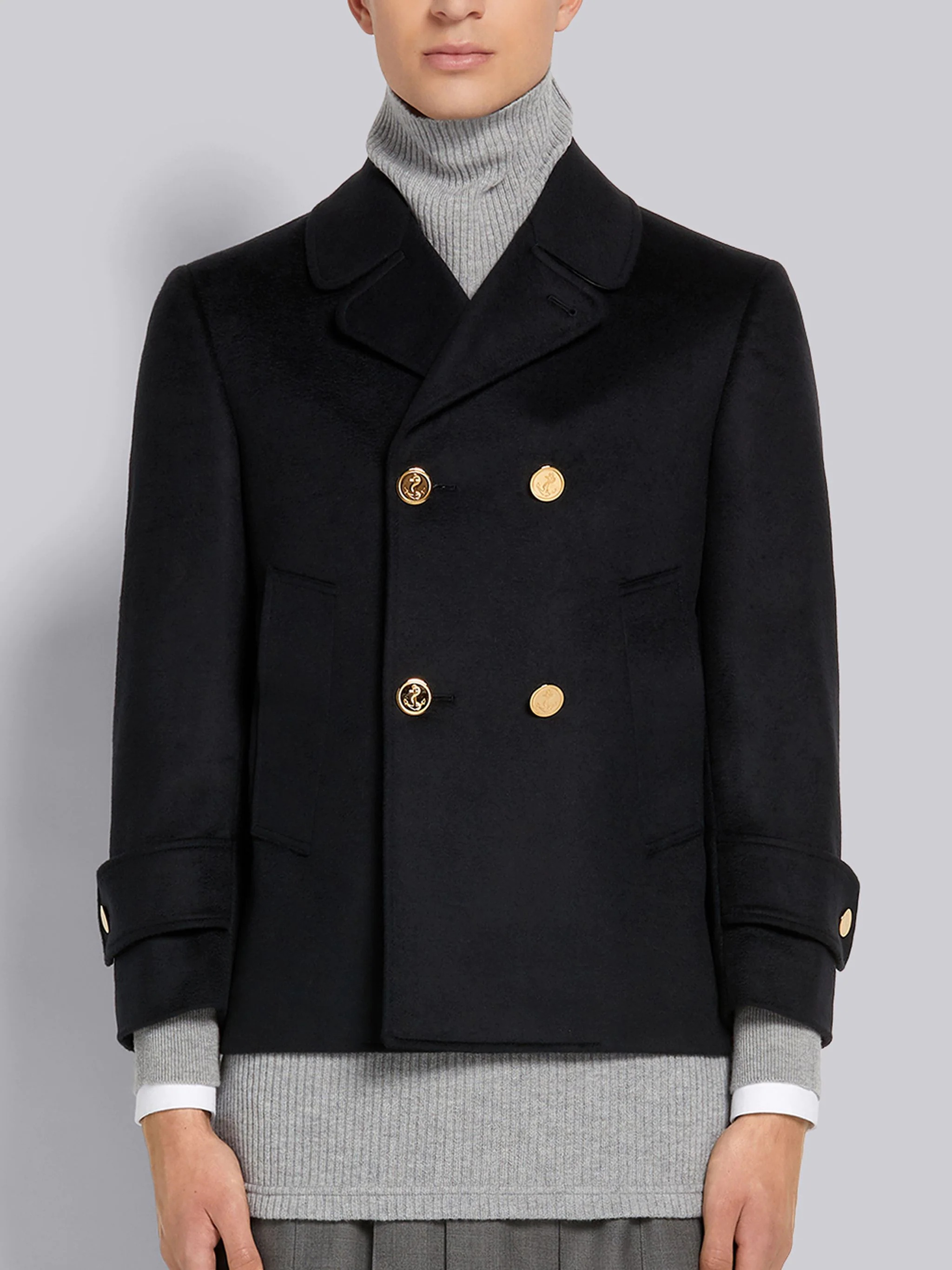 Navy Zibeline Finish Coat Weight Cashmere Round Collar High Break Pea Coat - 1