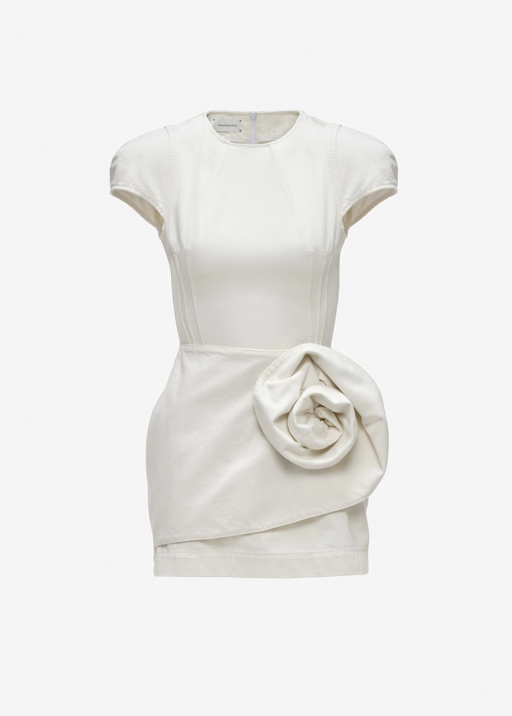Short-sleeve denim mini dress with sculpted flower in cream - 1
