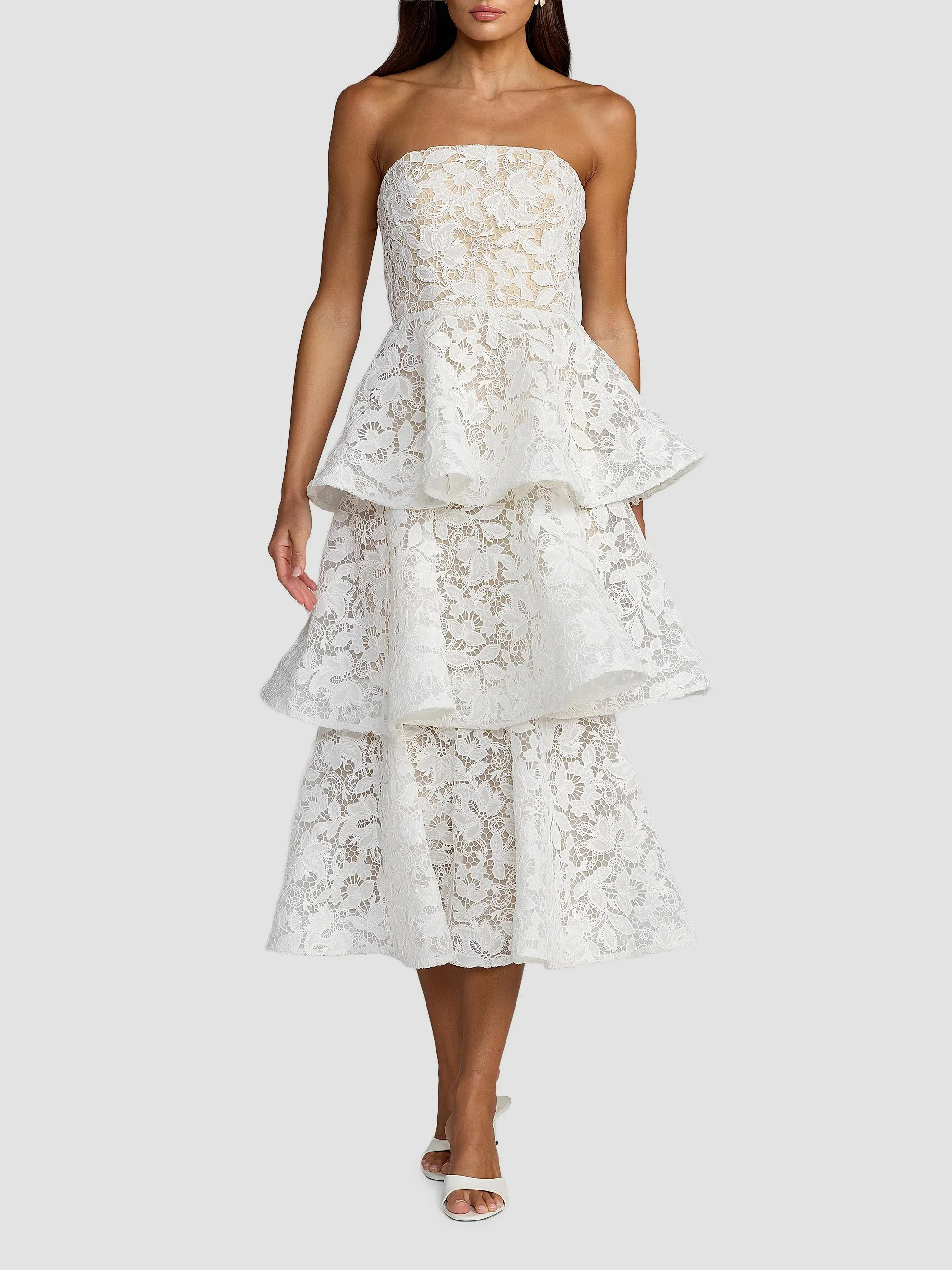 Women's Beaded Lace Strapless Midi-Dress - Ivory - 1