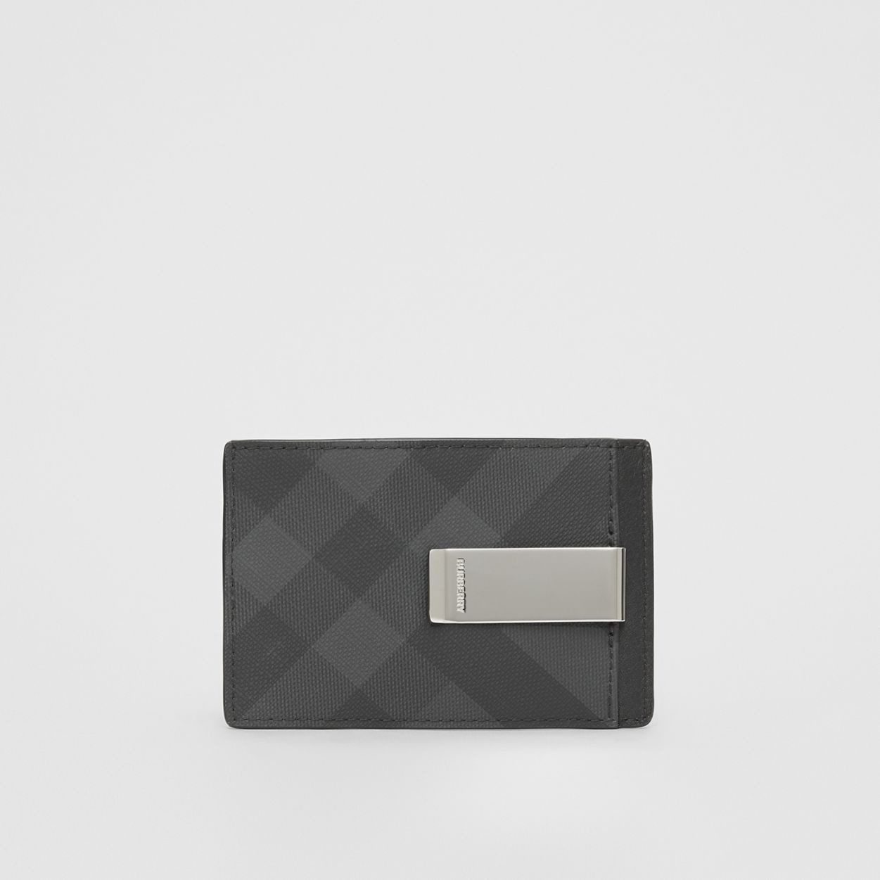 London Check and Leather Money Clip Card Case - 5