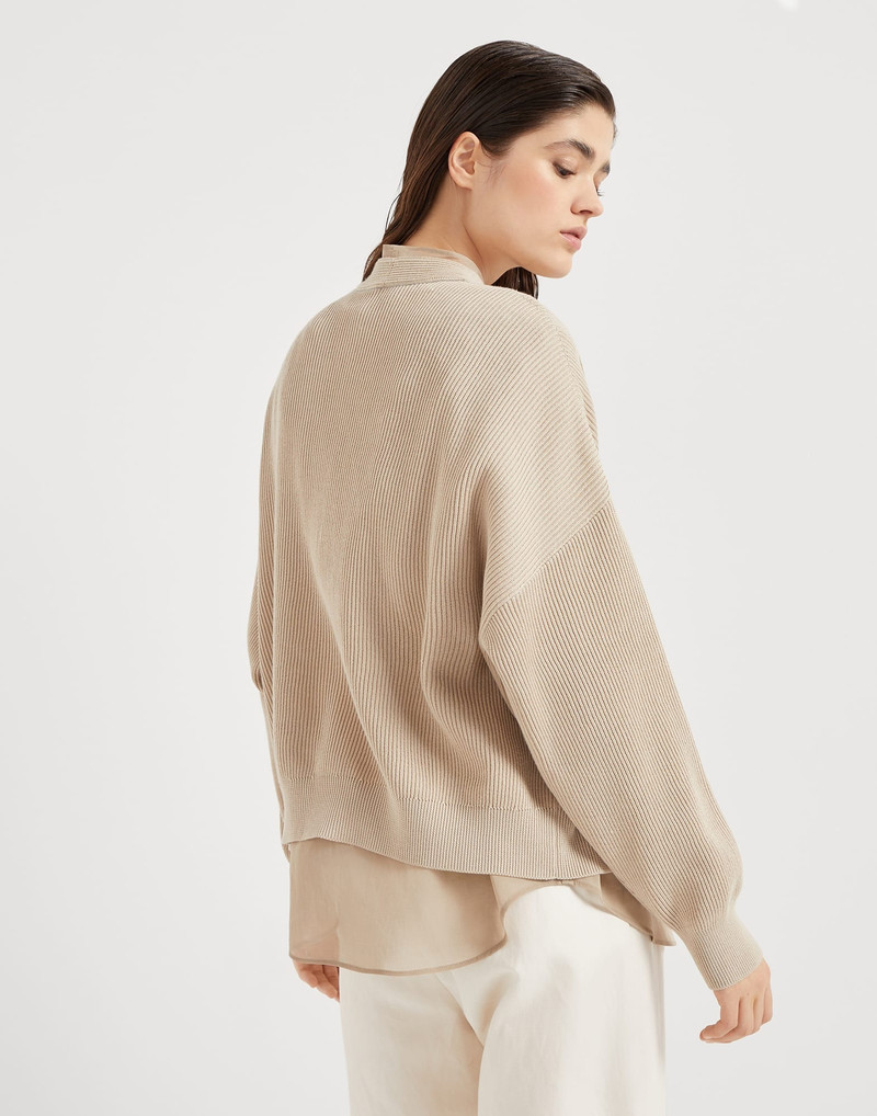 Brunello Cucinelli Cotton English rib knit and organza layered cardigan with monili outlook