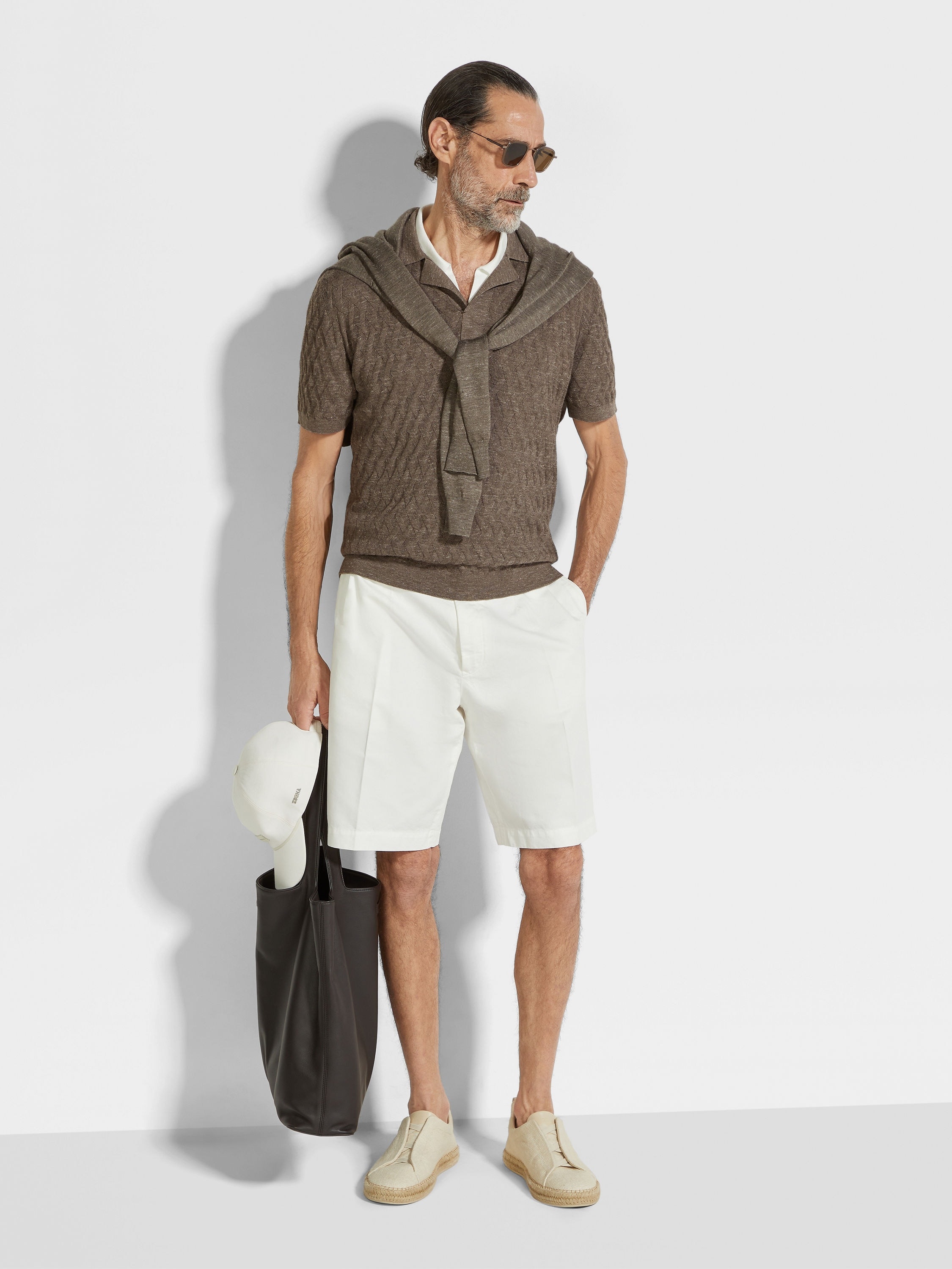 DARK TAUPE MÉLANGE SILK CASHMERE AND LINEN POLO SHIRT - 3