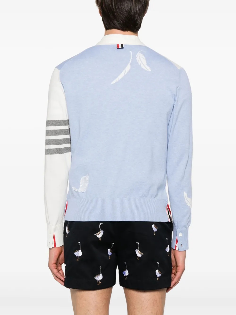 THOM BROWNE - MEN Funmix Feather Jersey Intarsia High V Neck Cardigan - 3