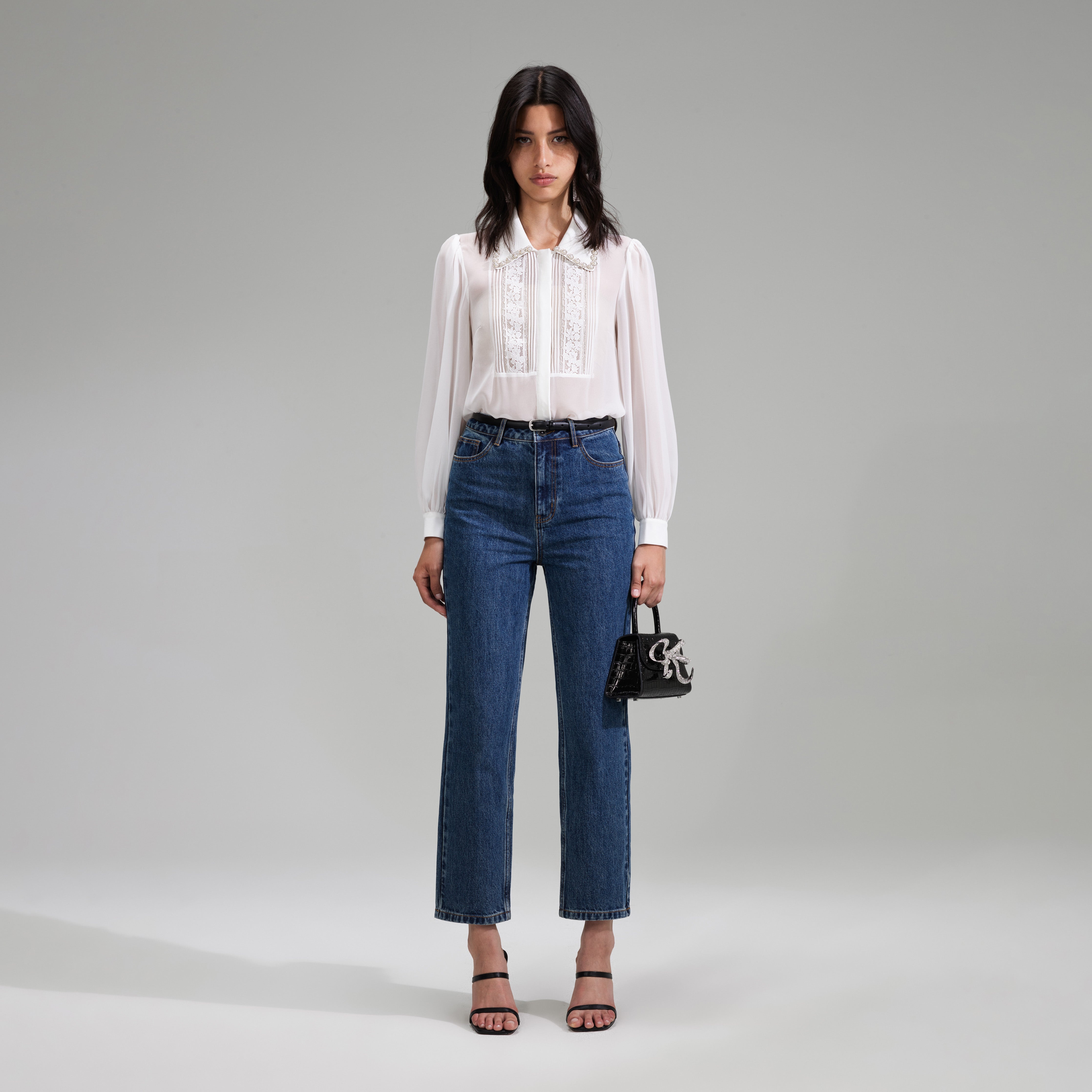 White Chiffon Rhinestone Detail Top - 1