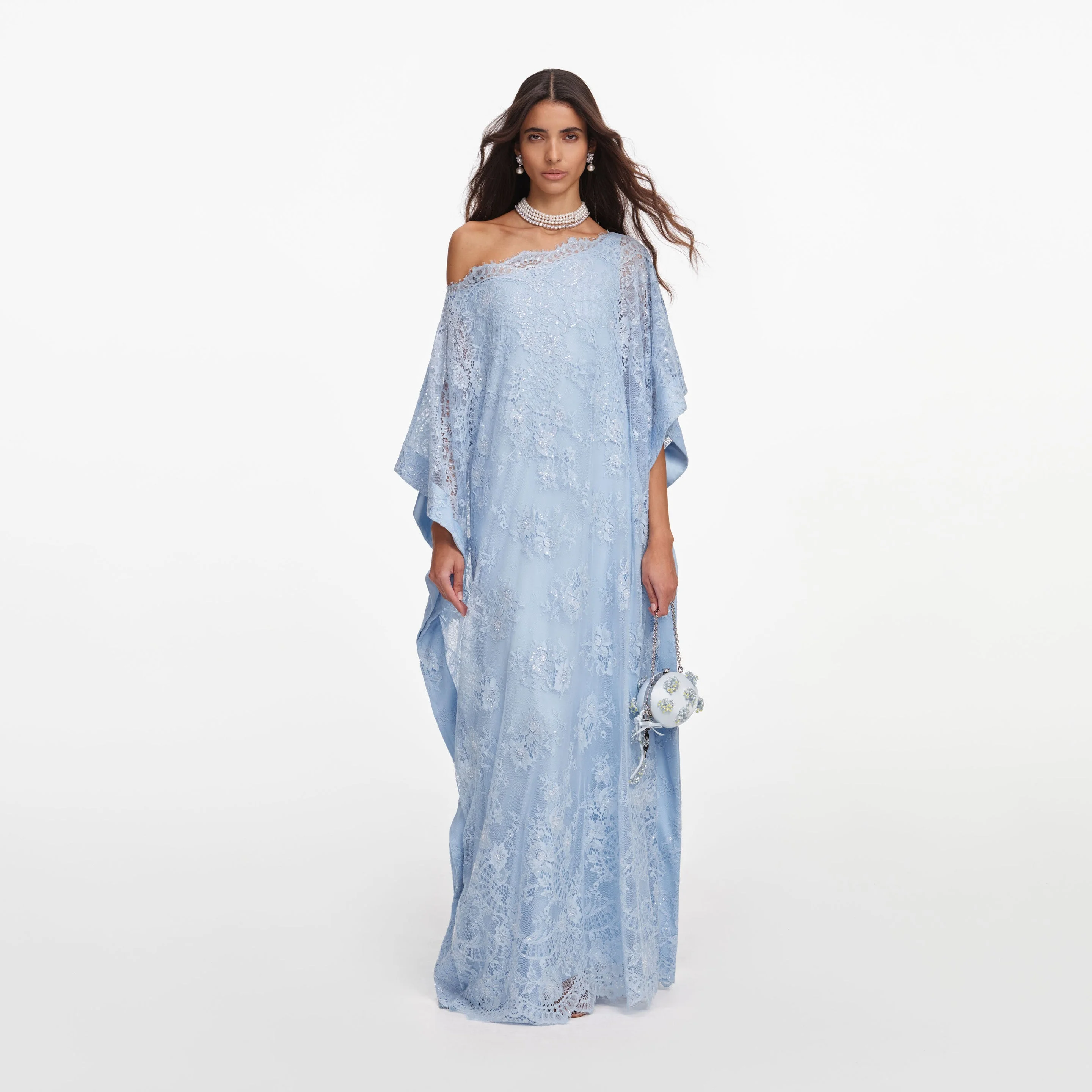 Blue Embellished Lace Kaftan - 1