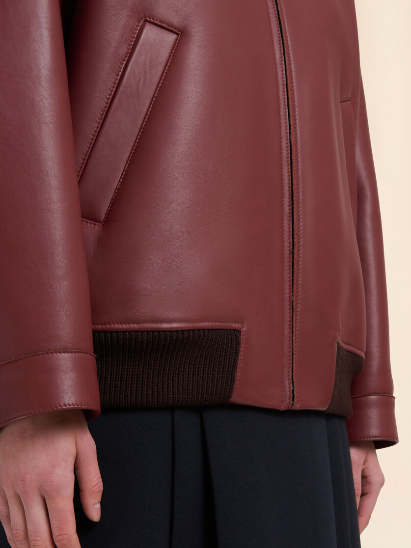 BURGUNDY LEATHER JACKET WITH SHEARLING COLLAR - 5