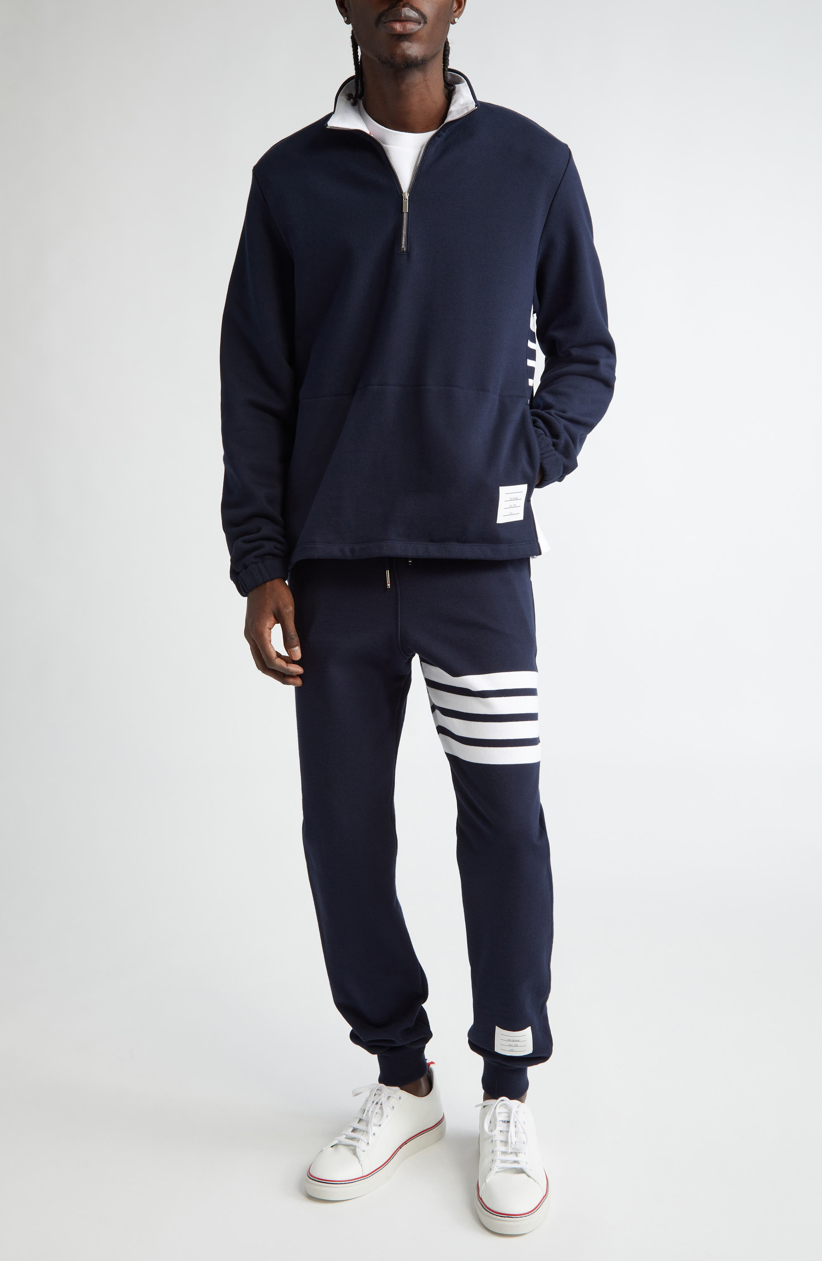 Thom Browne 4-Bar Stripe Funnel Neck Half Zip Sweatshirt in Navy at Nordstrom - 2