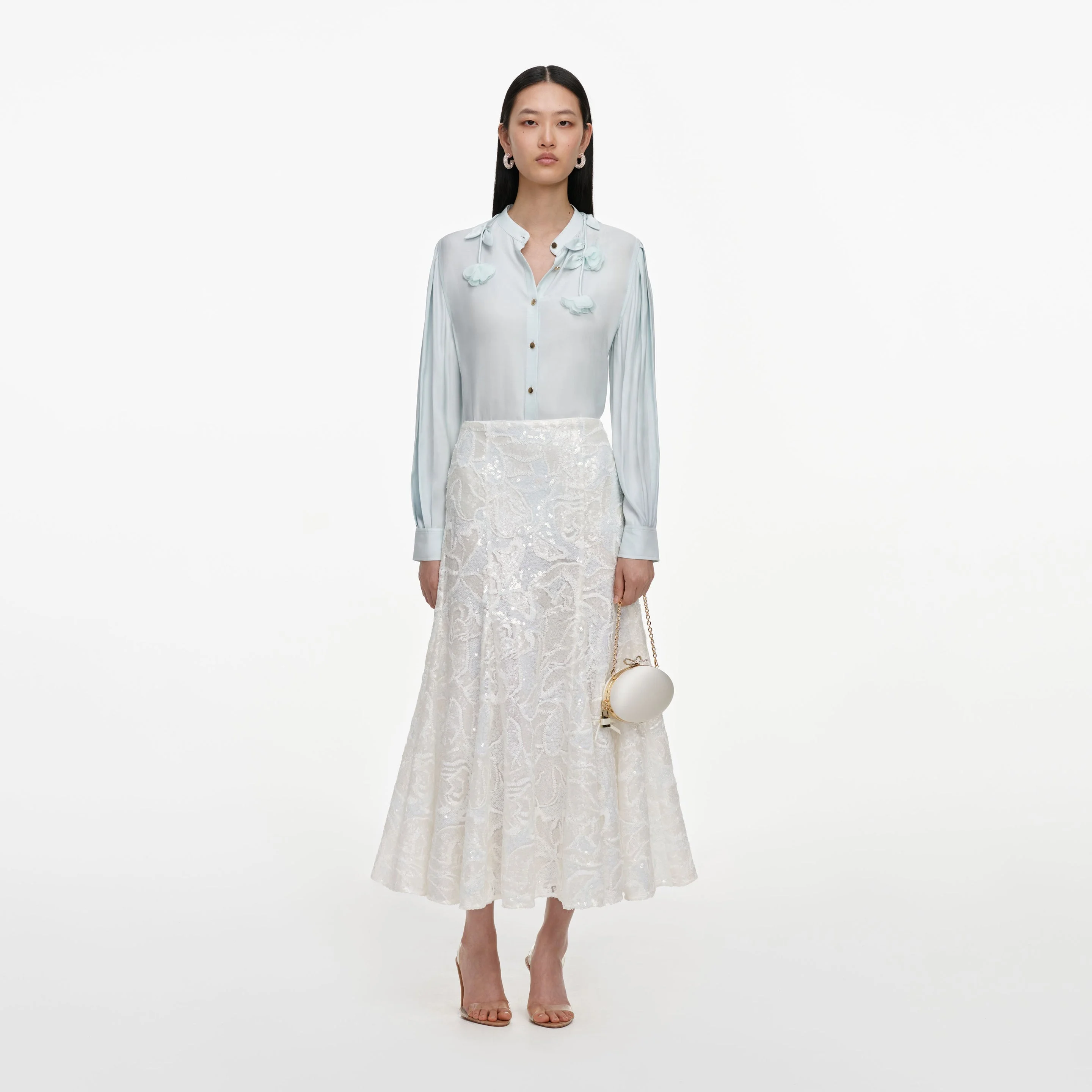 White Sequin Lace Midi Skirt - 1