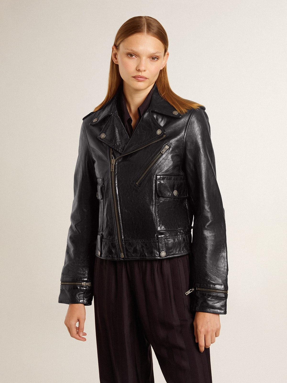 Women's black leather biker jacket with glossy effect - 3