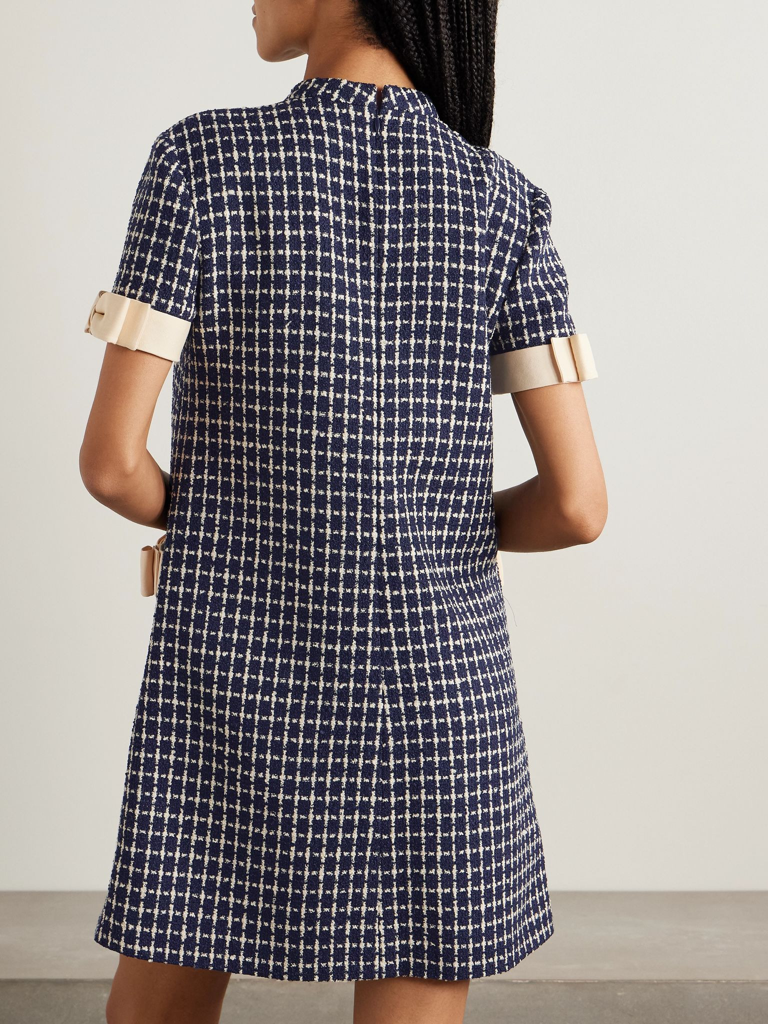 Bow-embellished checked wool-blend bouclé mini dress Navy - 3