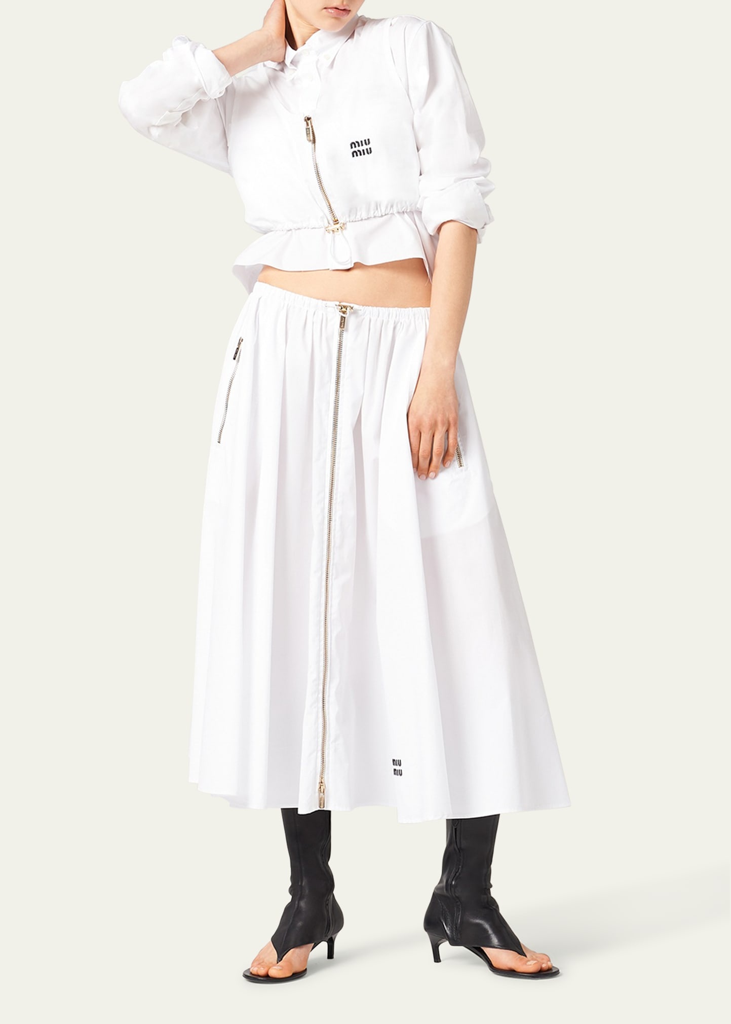 Popeline Drawstring Zip-Front Midi Skirt - 4