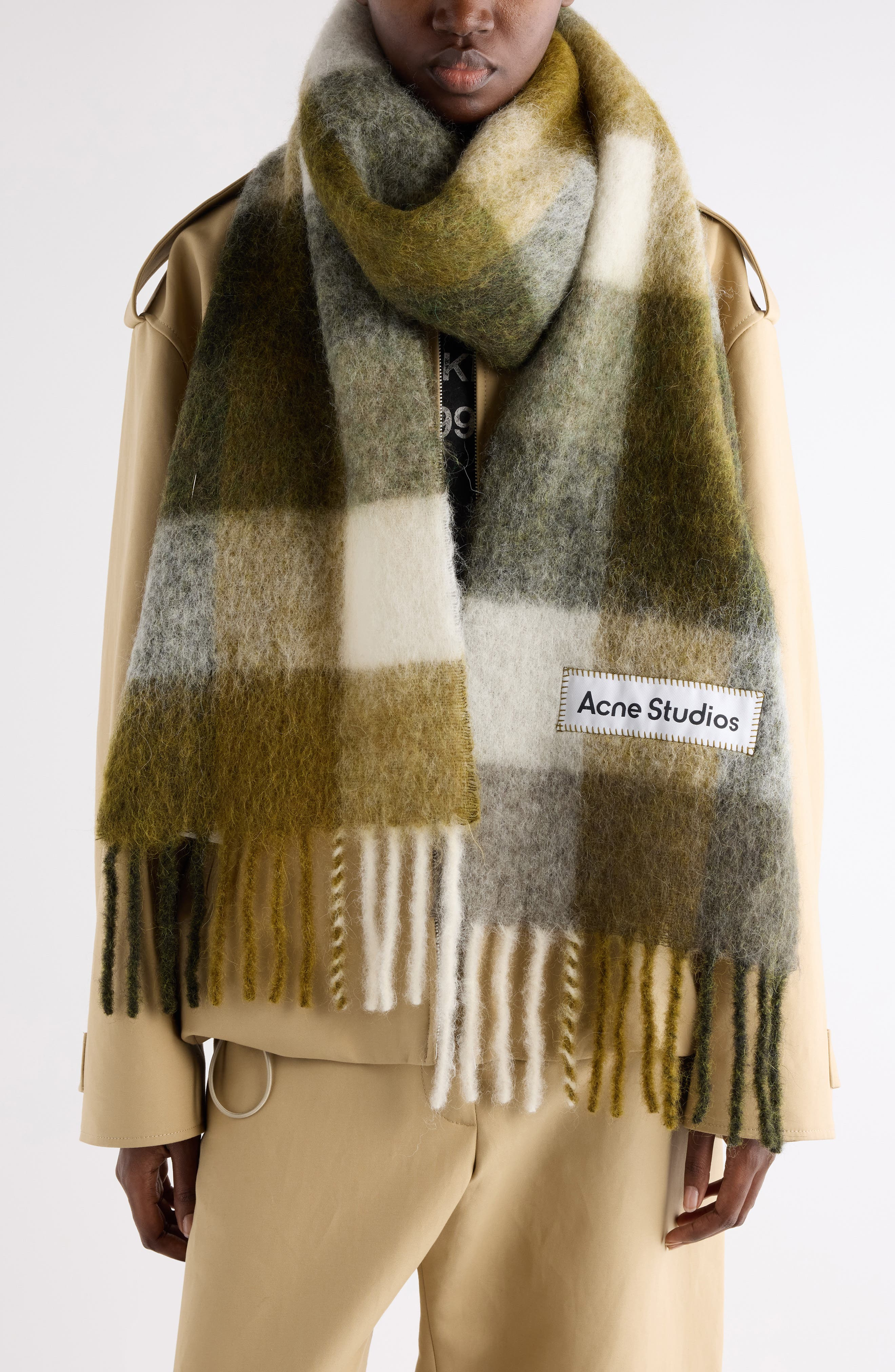 Acne Studios Vally Plaid Alpaca, Wool & Mohair Blend Scarf in Taupe/Green/Black at Nordstrom - 2