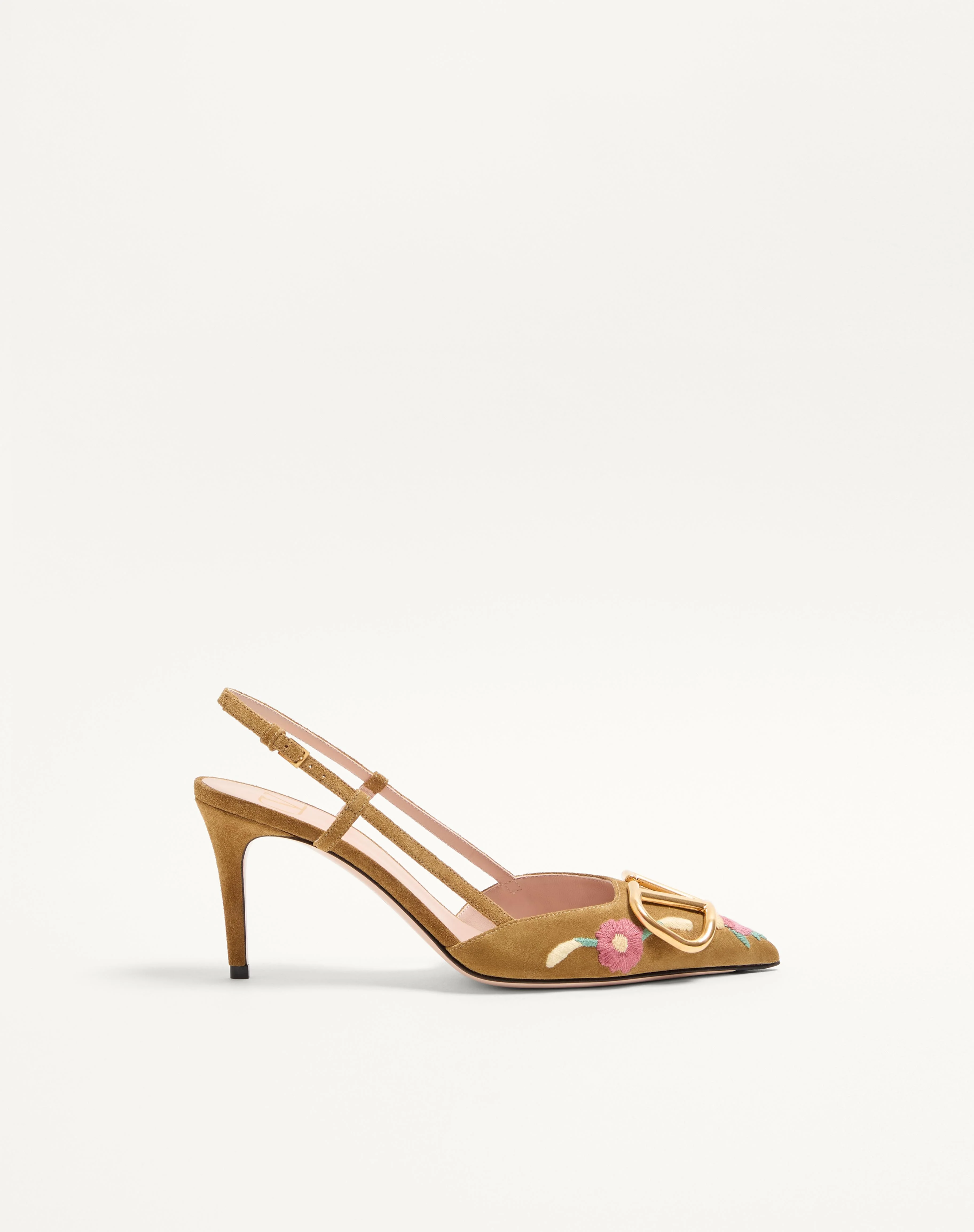VLOGO SIGNATURE SLINGBACK PUMP IN CRUST LEATHER WITH FLORAL EMBROIDERY 80MM - 1