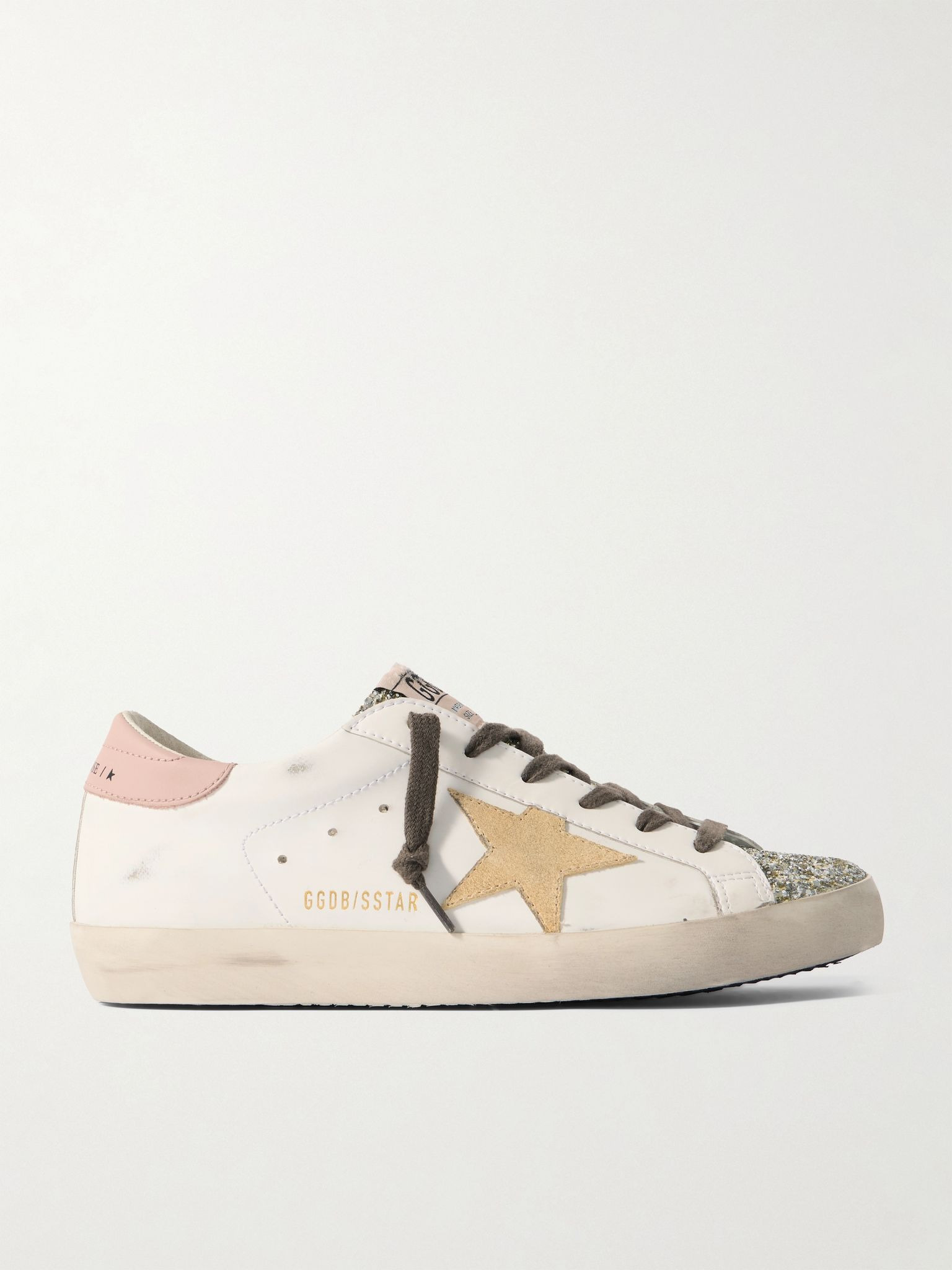 Super-Star distressed suede-trimmed glittered leather sneakers White - 1